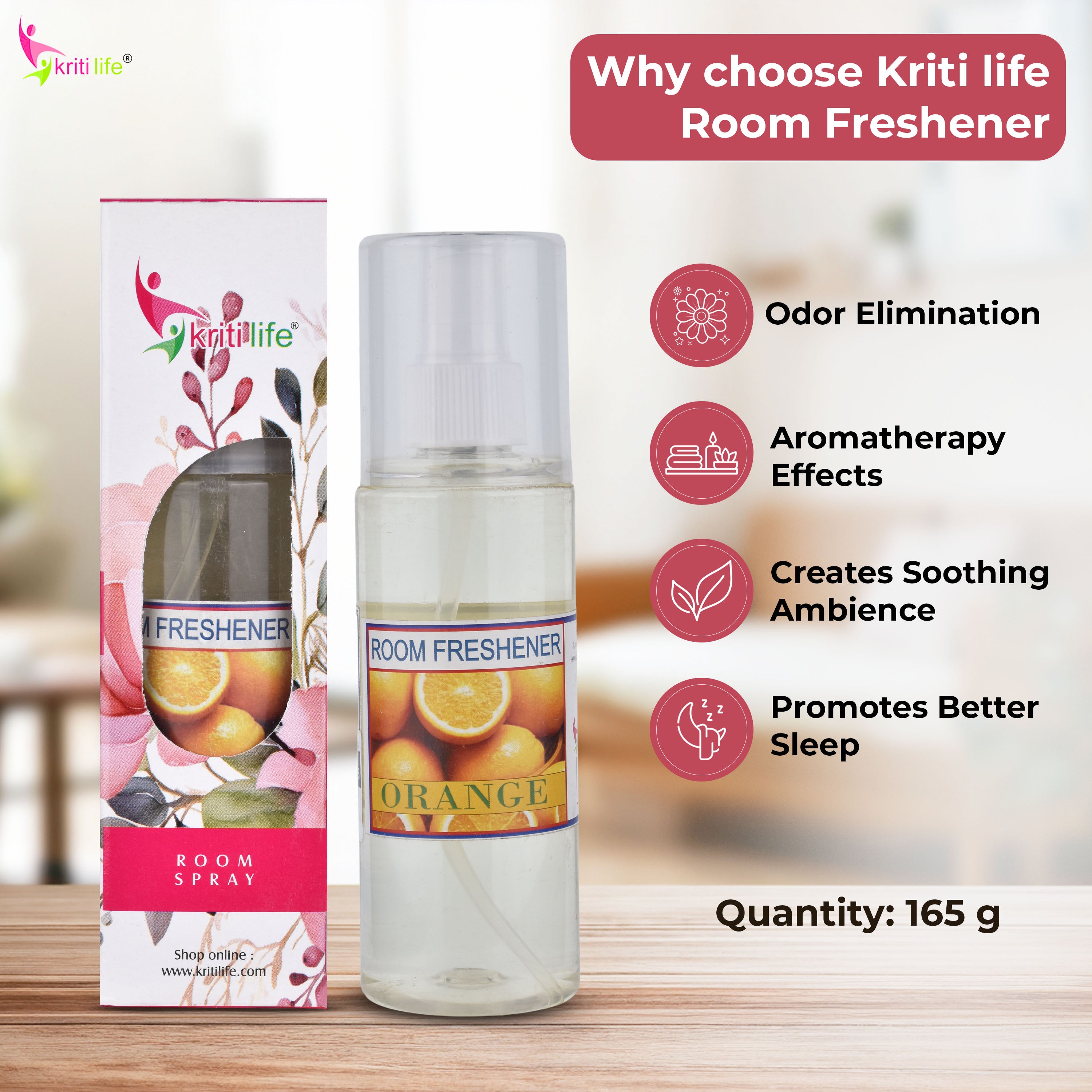Kriti Life Room Spray - Orange 165 ML Long-Lasting Fragrance for Home &amp; Office.