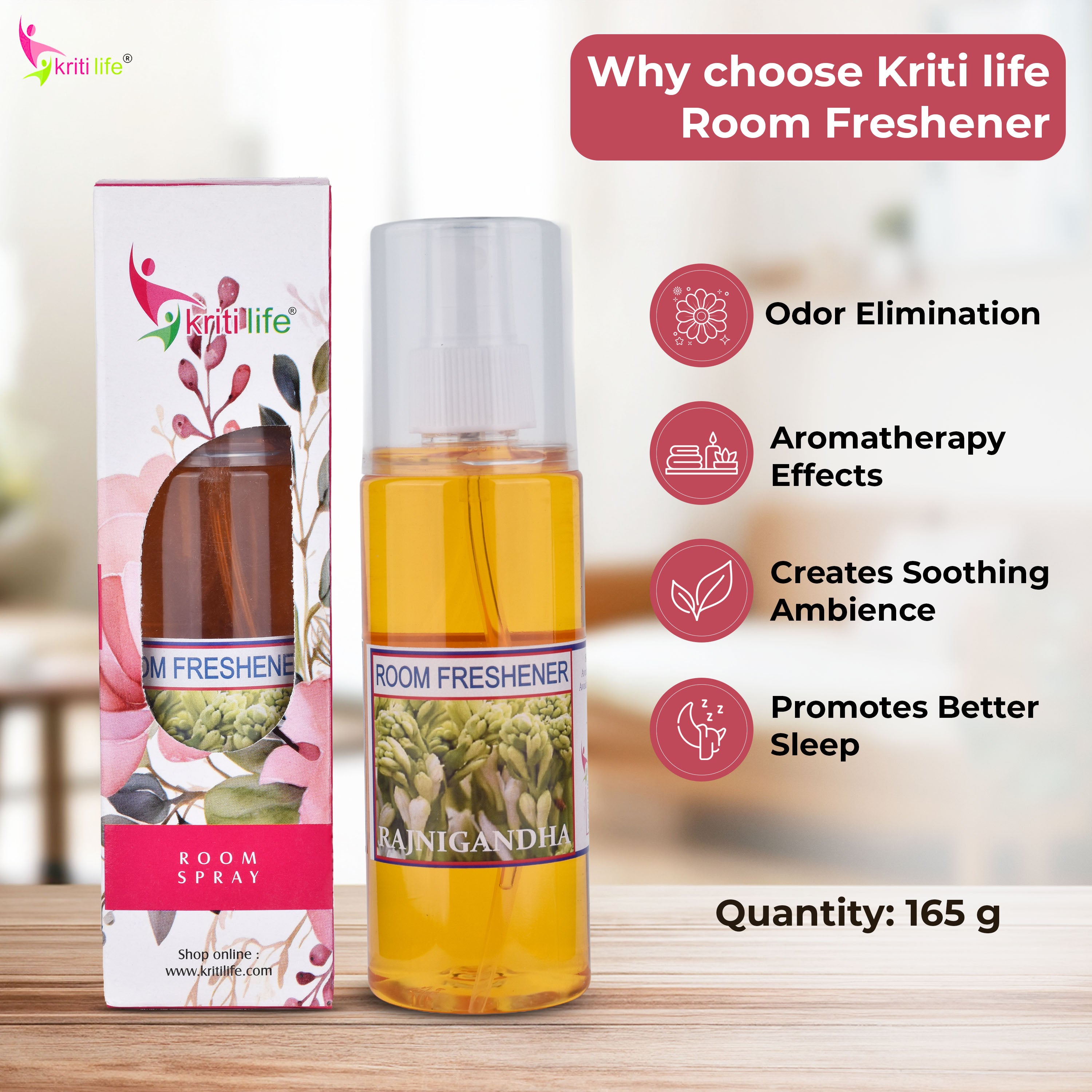 Kriti Life Room Spray - Rajni Gandha 165 ML Long-Lasting Fragrance for Home &amp; Office