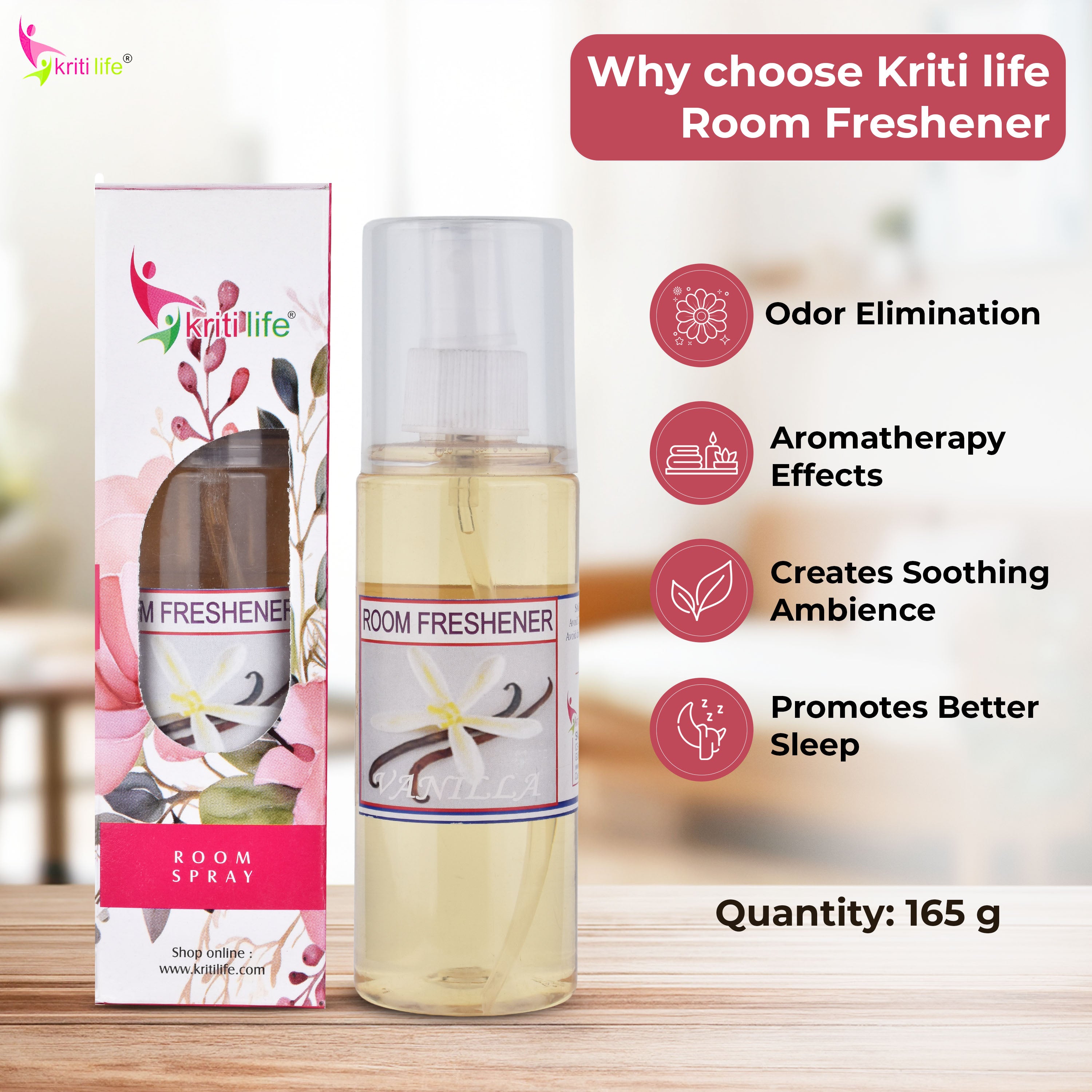 Kriti Life Room Spray - Vanilla -165 ML Long-Lasting Fragrance for Home &amp; Office.