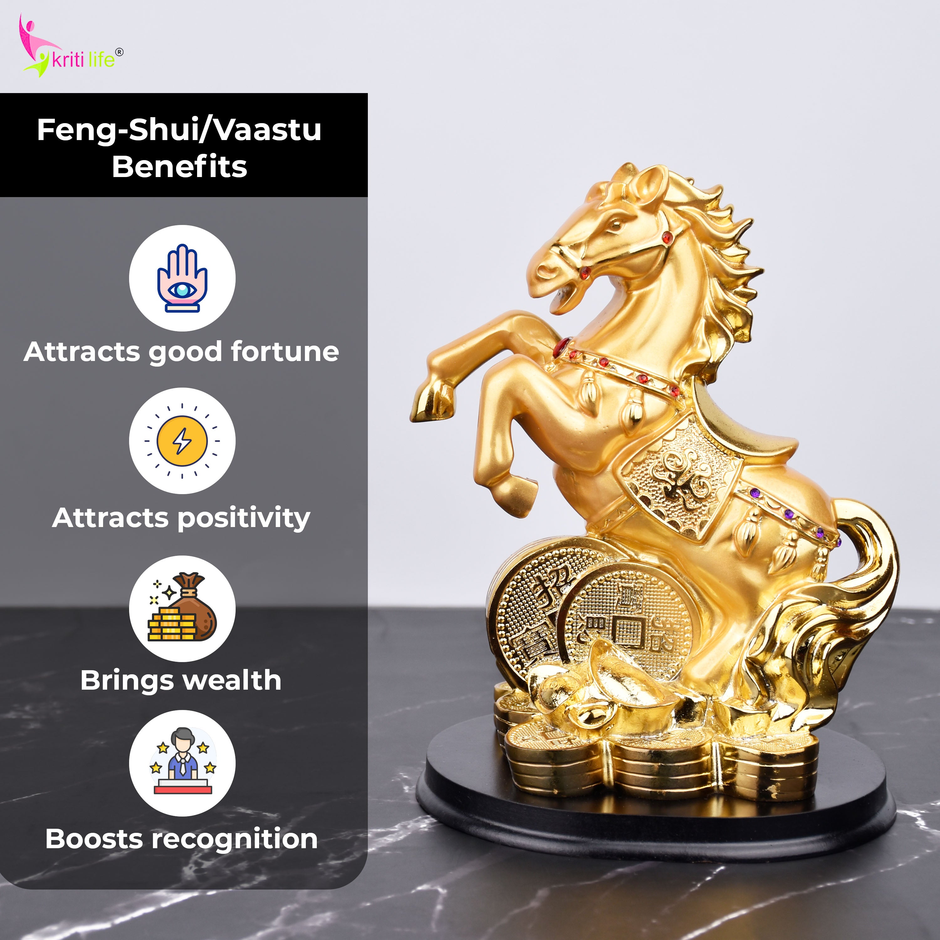 Feng Shui Victory Horse Idol on Coins | Golden Polyresin Showpiece for Career Growth, Fame & Wealth- 8 inches