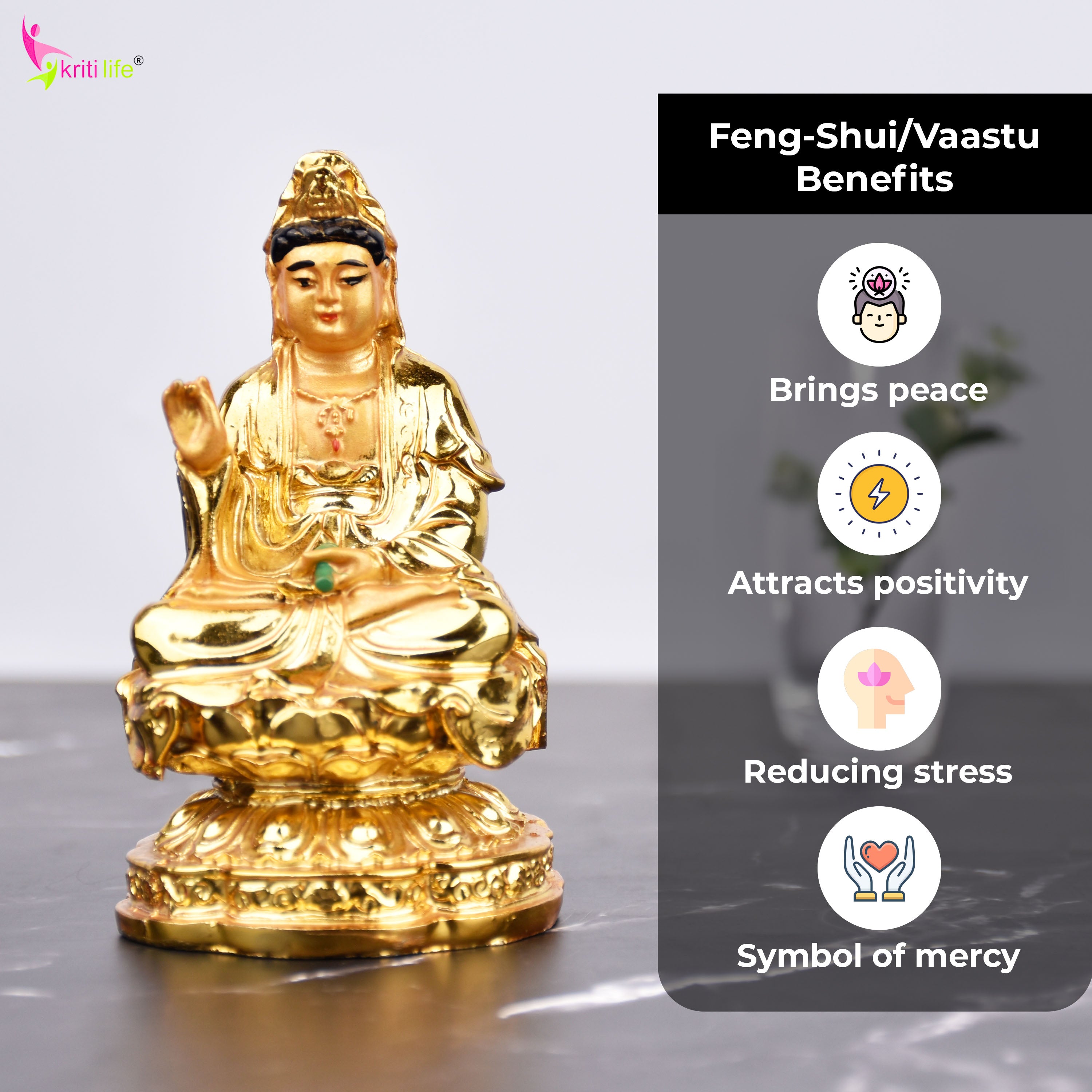 Feng Shui Mother Kwan Yin Idol – Goddess of Mercy for Peace, Healing & Spiritual Growth- 4  inches