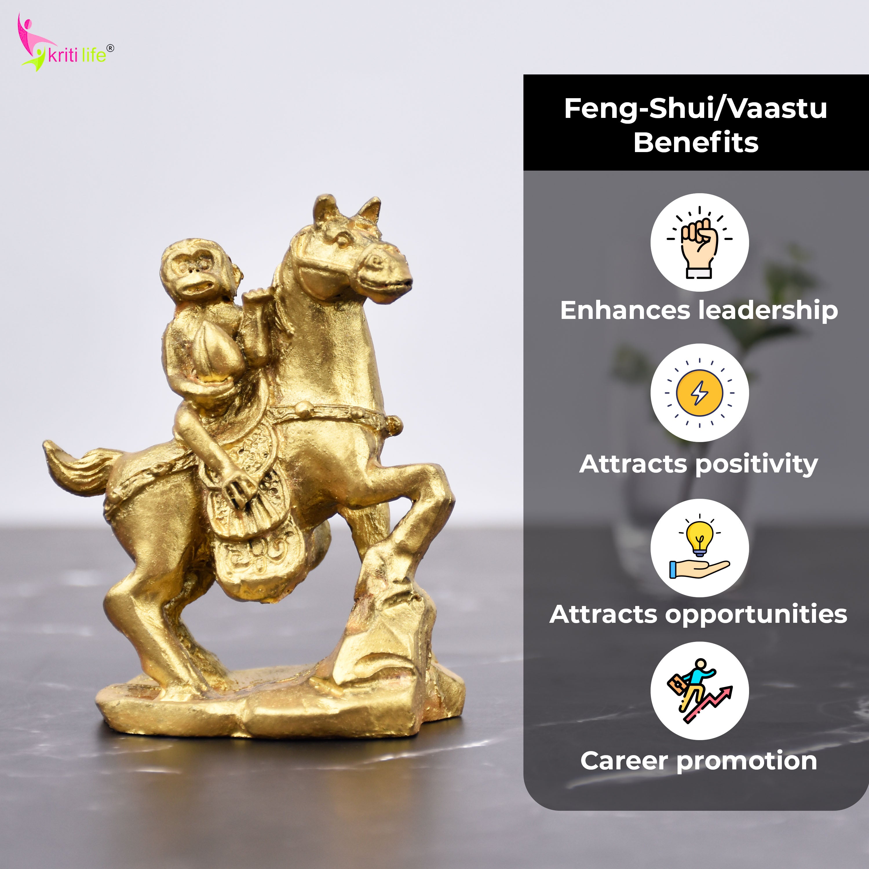 Feng Shui Golden Monkey on Horse Idol – Career Growth, Recognition & Promotion Symbol- 3 inches