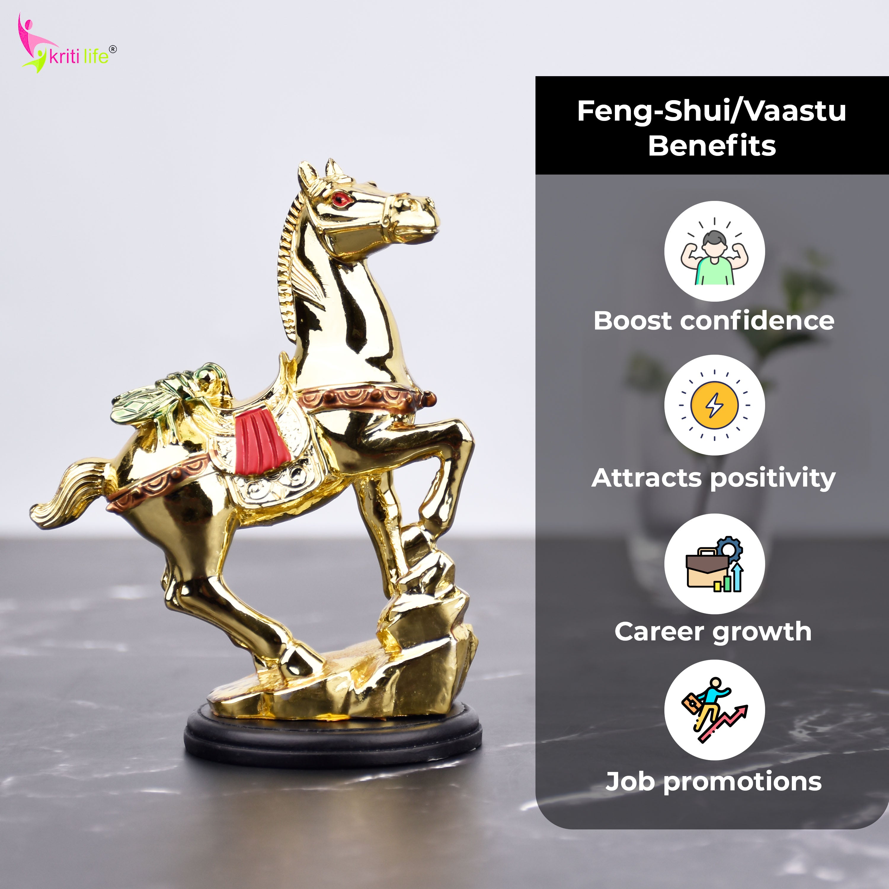 Feng Shui Flying Horse Idol – Career Growth, Fame & Promotions | Premium Golden Polyresin Figurine- 4 inches