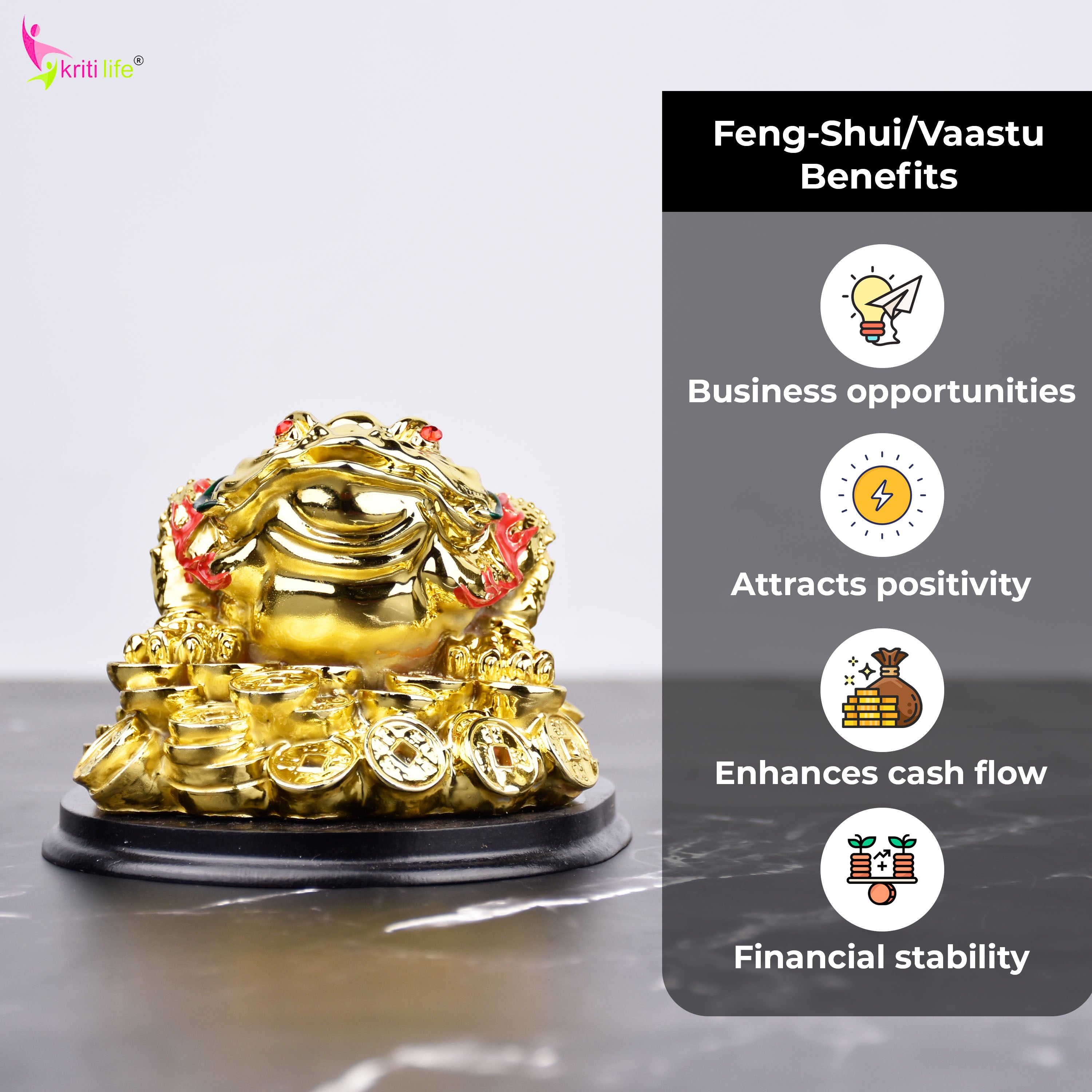 Feng Shui Wealth Frog Idol | Polyresin Wealth Toad Showpiece for Cash Flow, Business Growth & Luck- 4.5 inches
