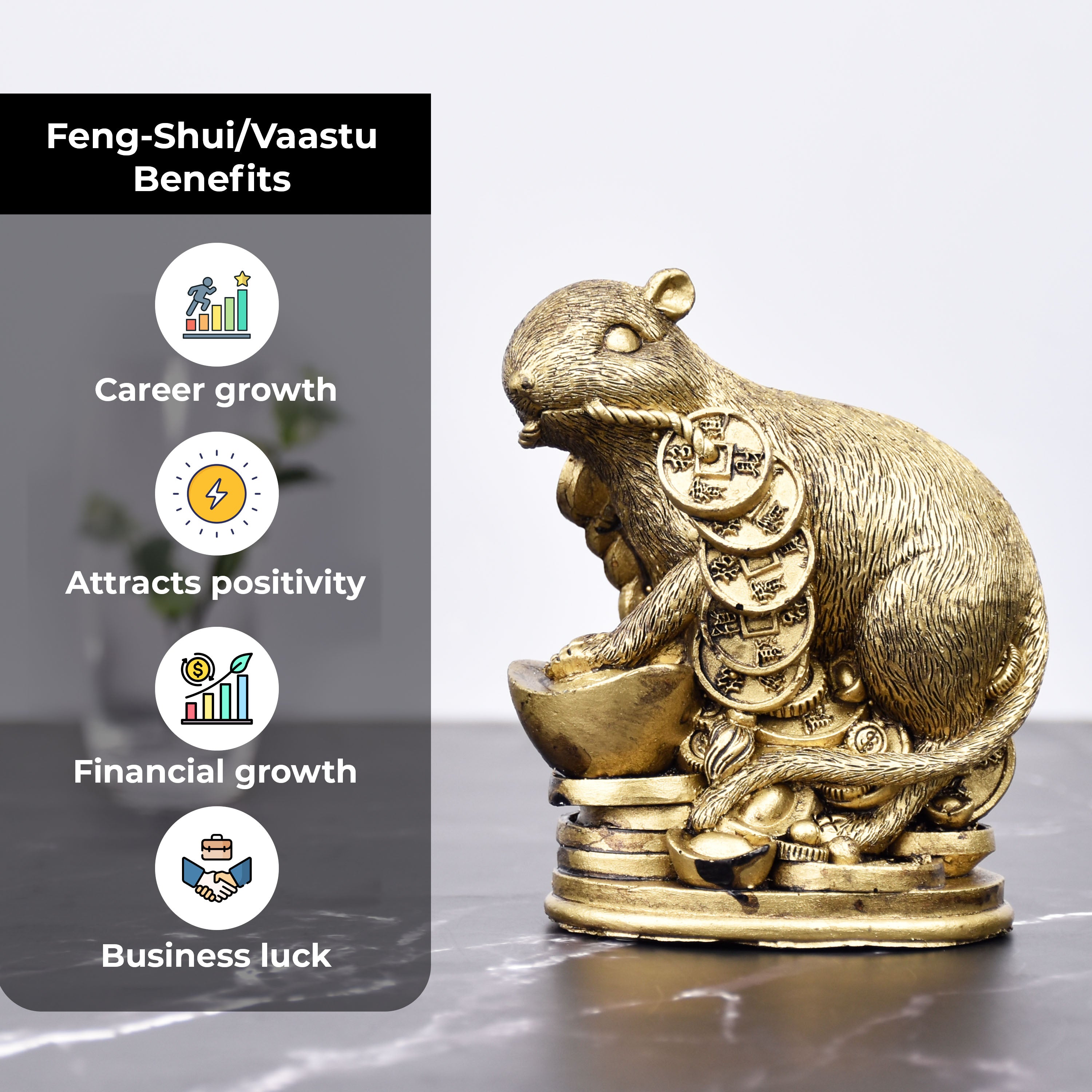 Feng Shui Wealth Rat Idol with Gold Bar | Symbol of Prosperity & Business Luck- 4 inches
