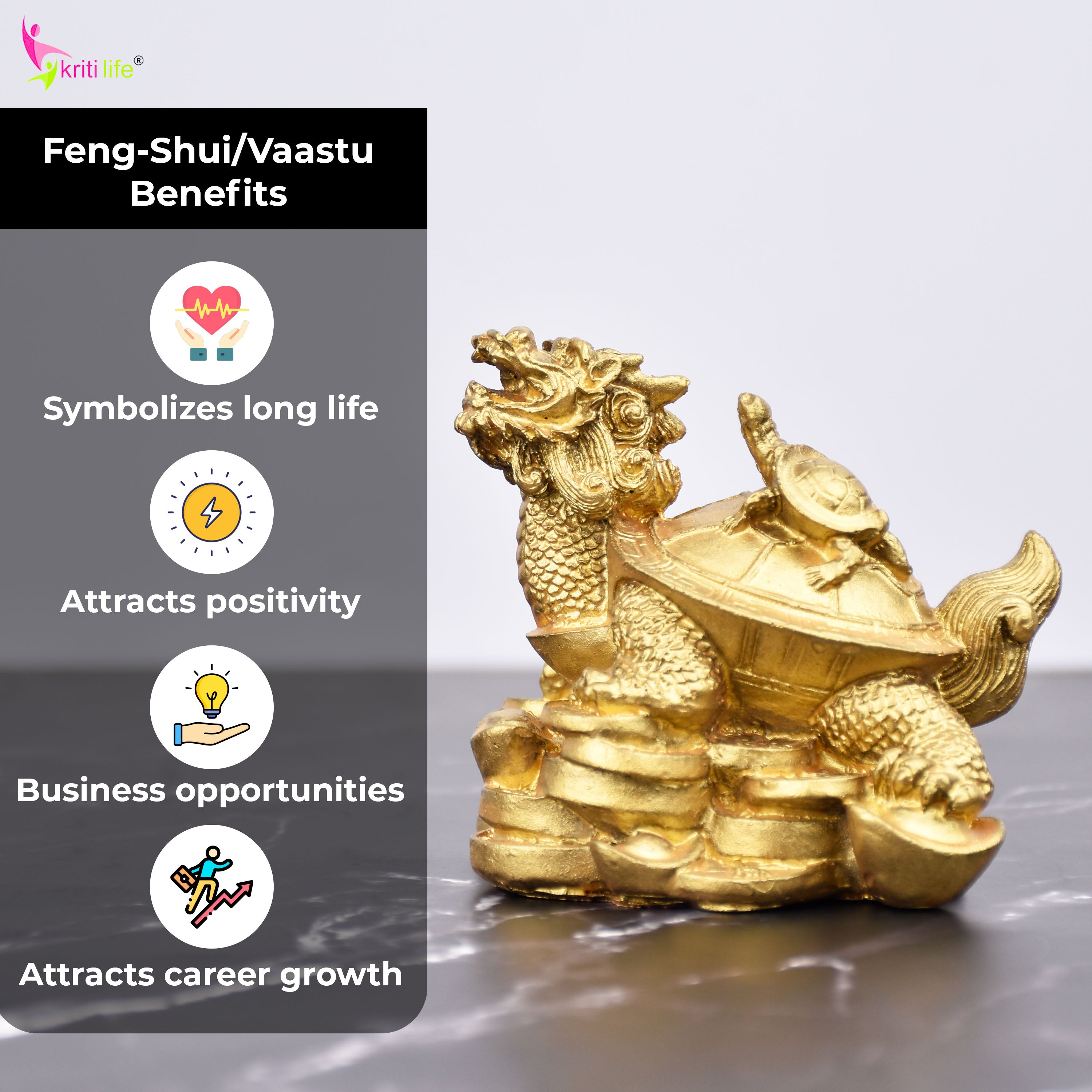 Feng Shui Dragon Baby Tortoise Idol for Career Growth & Family Longevity- 3.5 inches