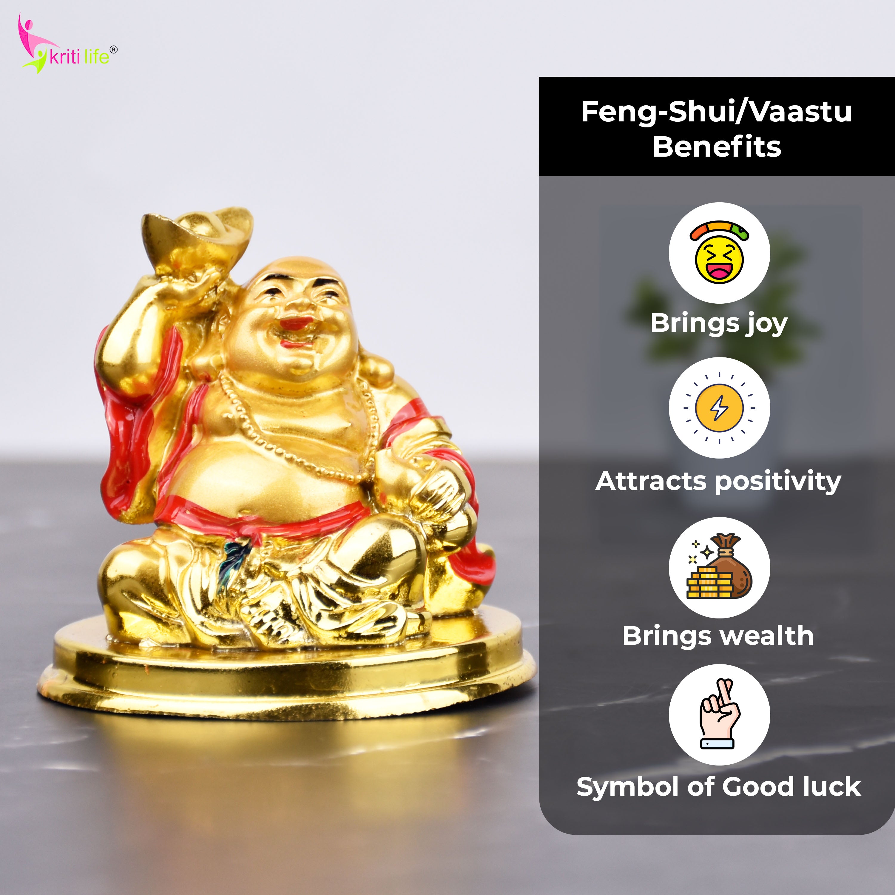 Feng Shui Golden Laughing Buddha Idol with Wealth Ingot | Prosperity & Positivity- 2.5 inches