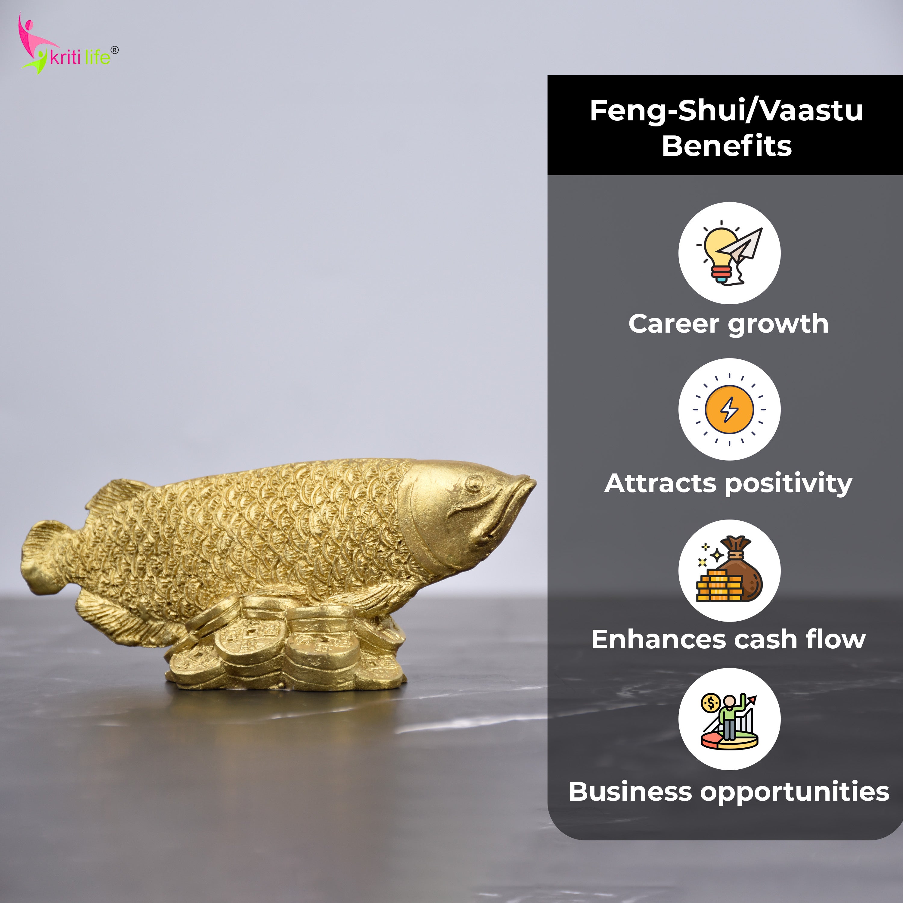 Feng Shui Arowana Fish Idol | Golden Polyresin Showpiece for Career Growth, Wealth & Protection 5 inches