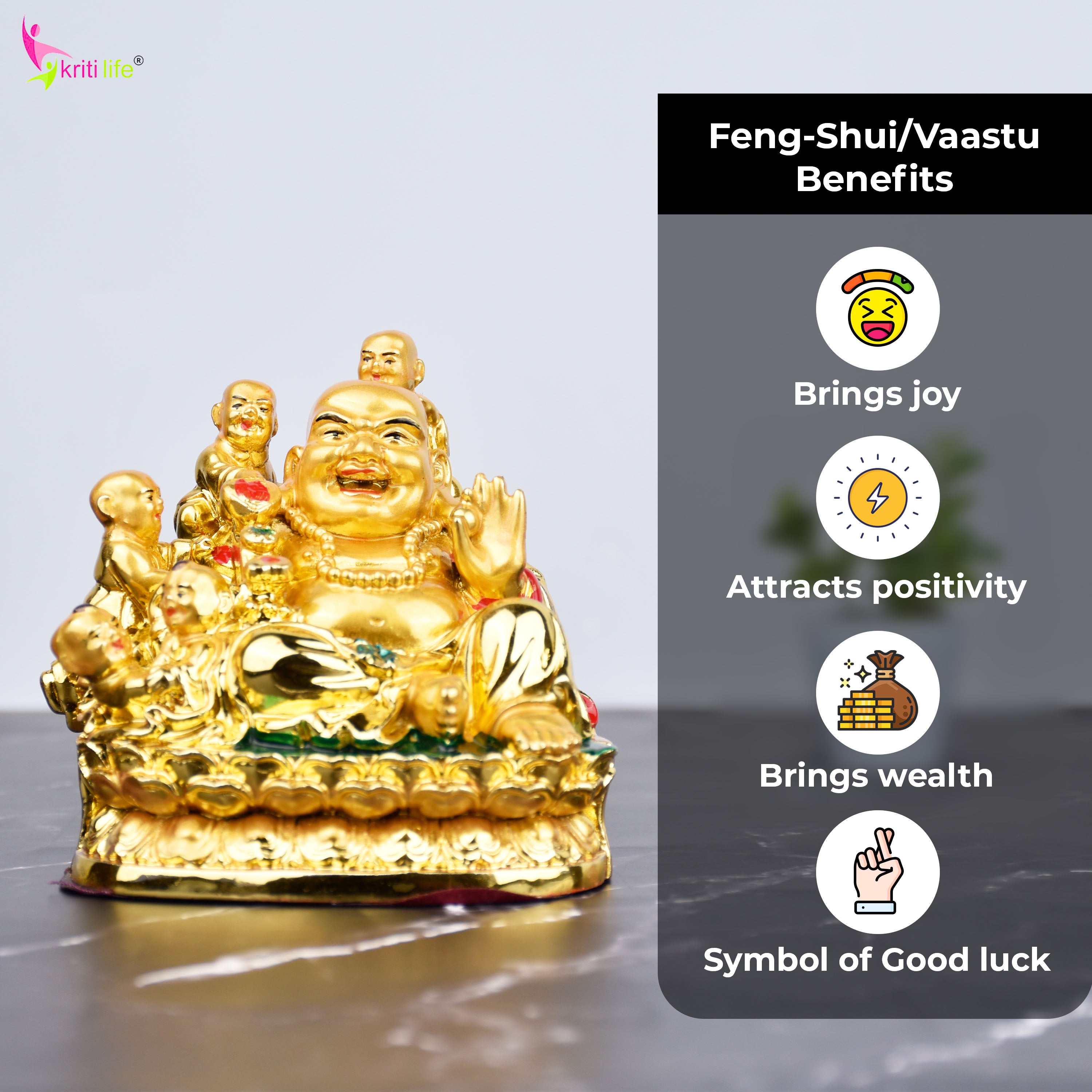 Feng Shui Laughing Buddha with Baby | Golden Polyresin Feng Shui Idol for Happiness, Wealth & Positivity- 4 inches
