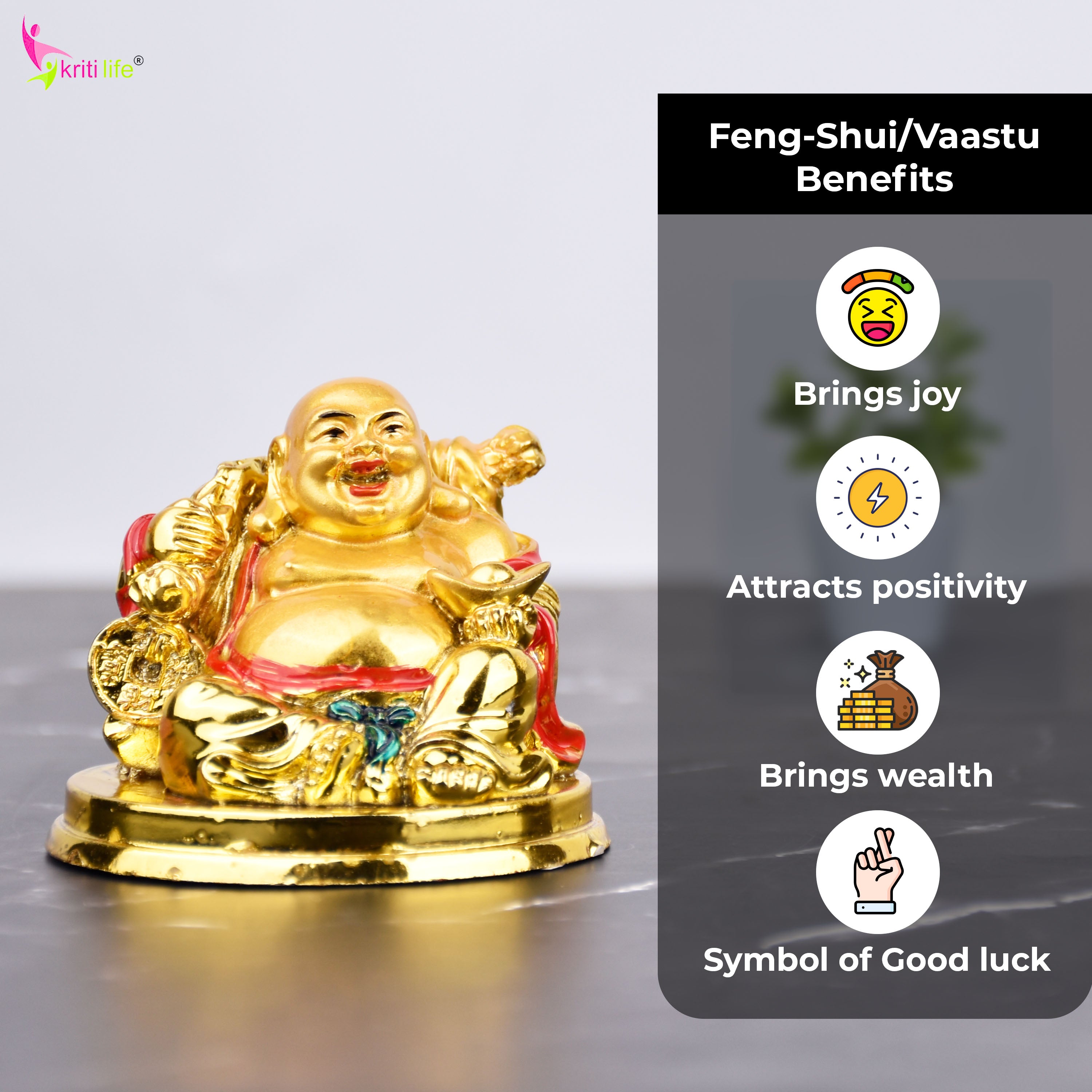 Feng Shui Golden Laughing Buddha Idol with Wealth Coin | Joy, Positivity & Prosperity- 2.5 inches