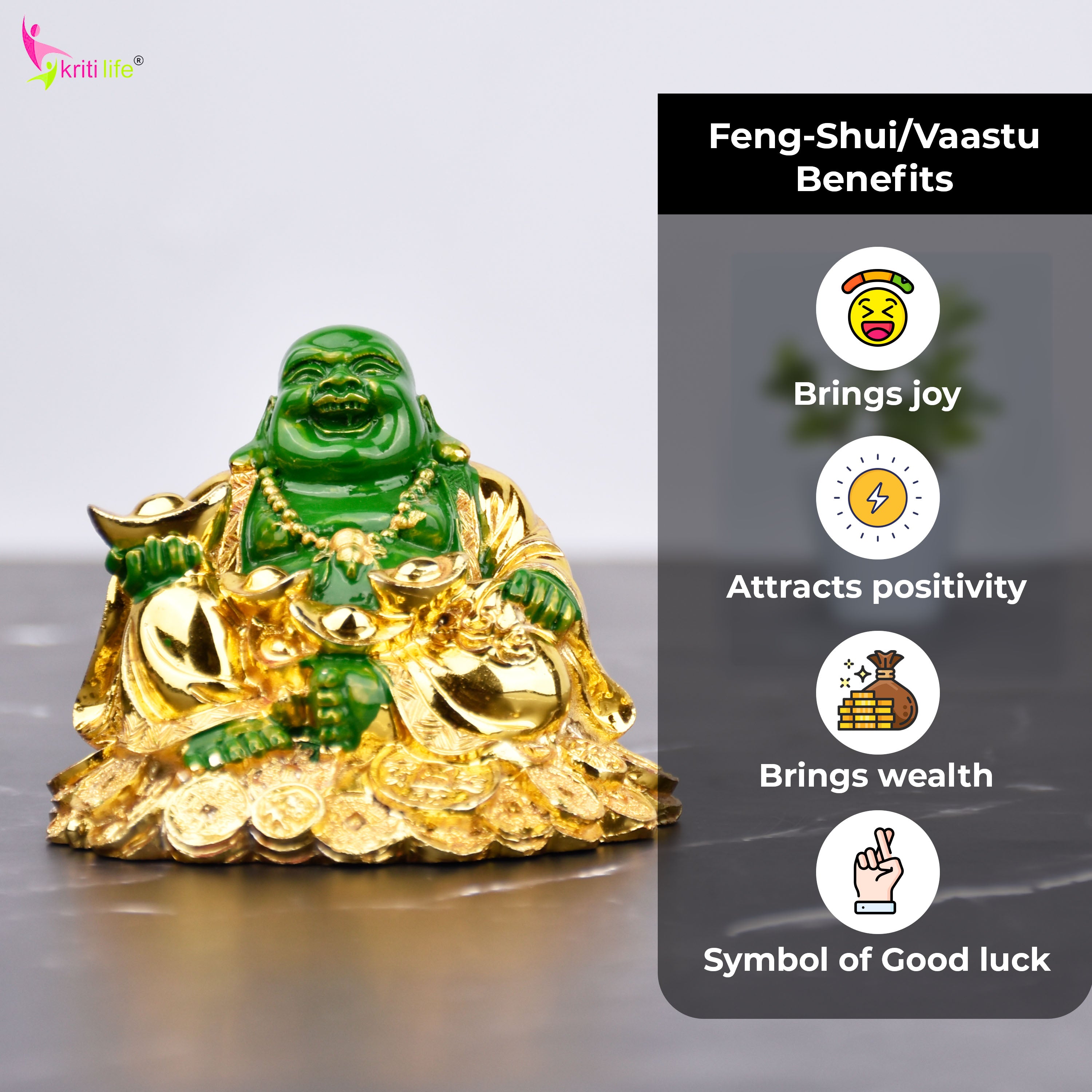 Feng Shui Green & Golden Laughing Buddha Sitting on Coins | for Wealth, Positivity & Happiness- 2.75 inches (5062166)