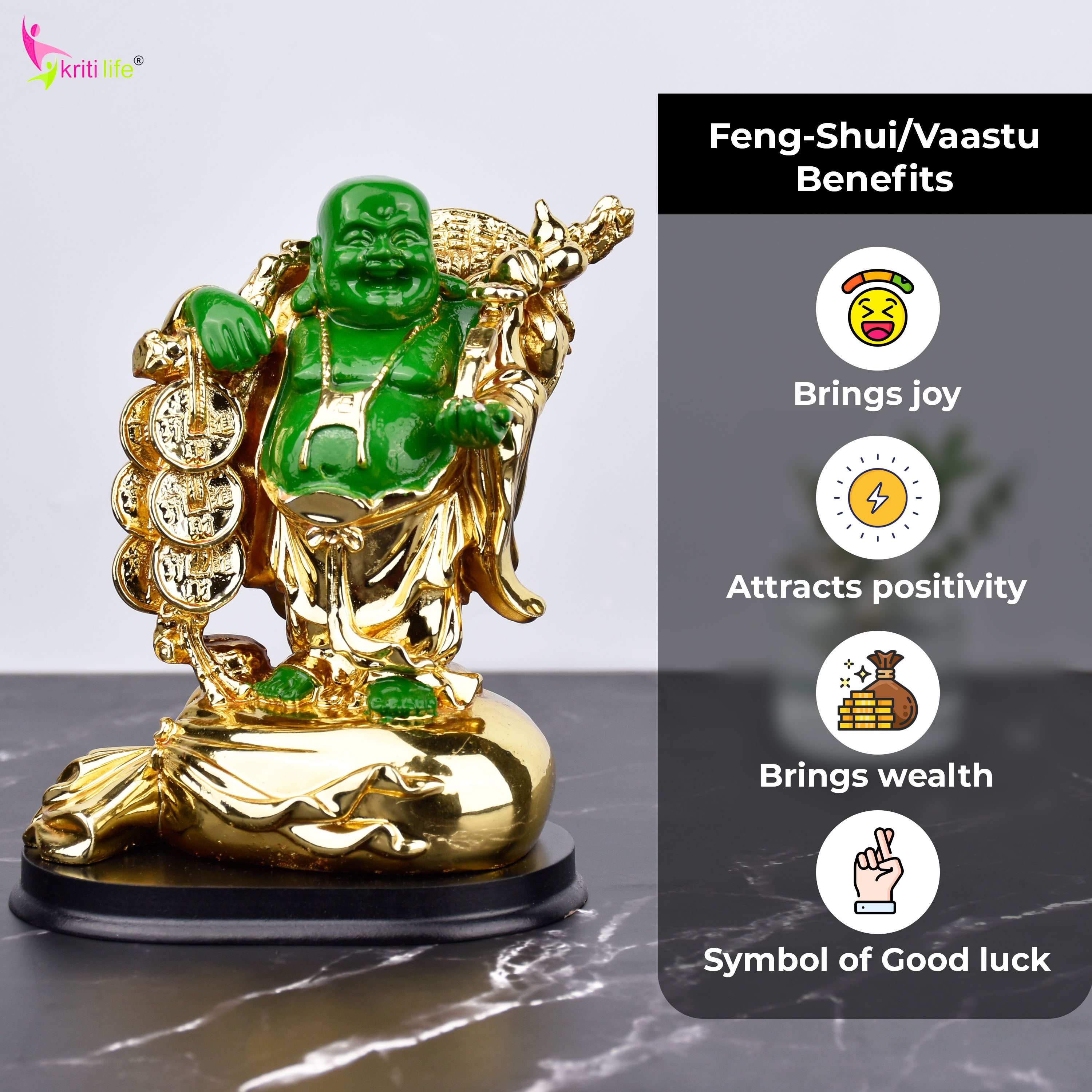 Feng Shui Laughing Buddha Idol | Green & Golden Polyresin Showpiece for Wealth & Happiness | Feng Shui Home Décor- 6.5 inches