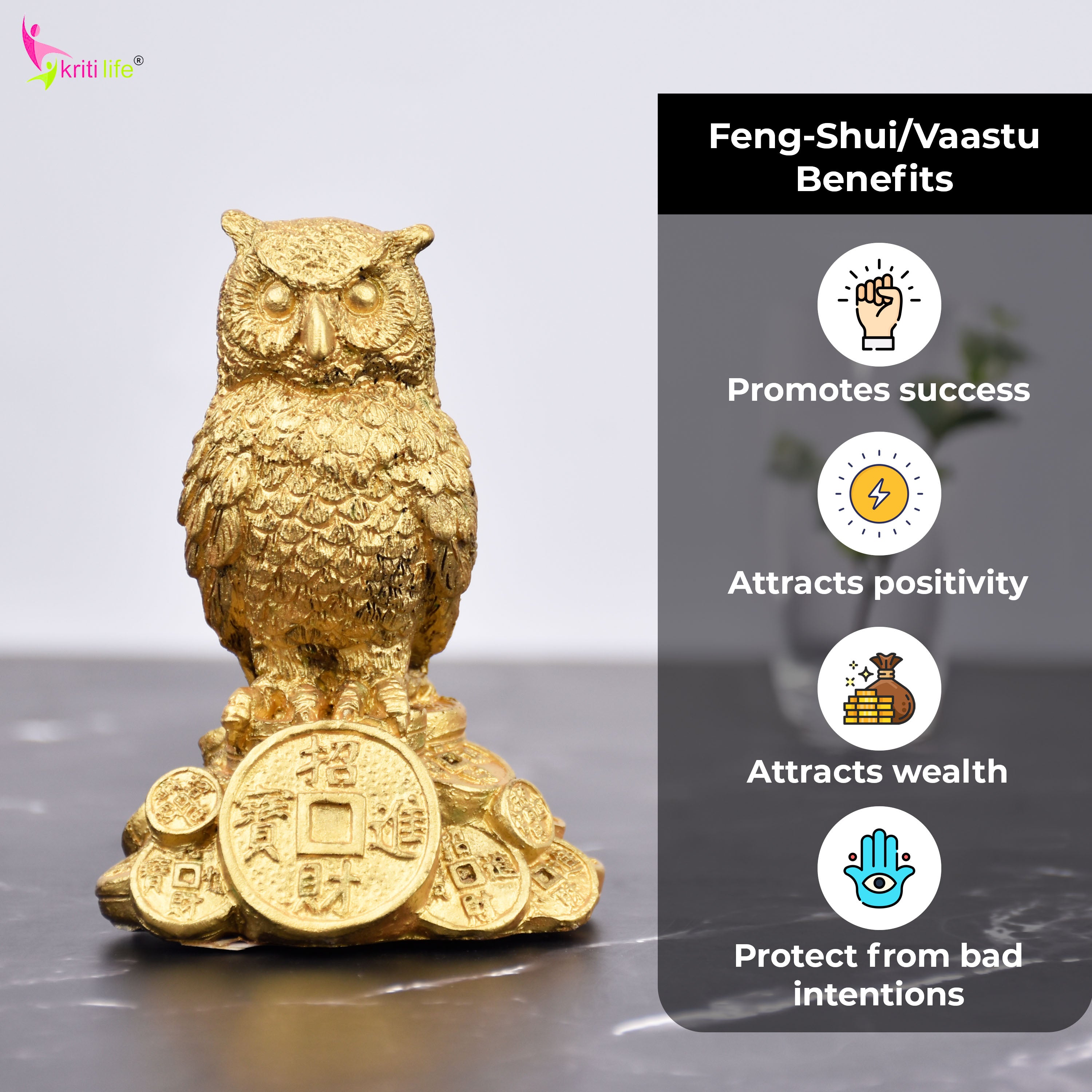 Feng Shui Owl Idol for Wisdom, Focus & Protection – Premium Polyresin Decor-3.5 inches