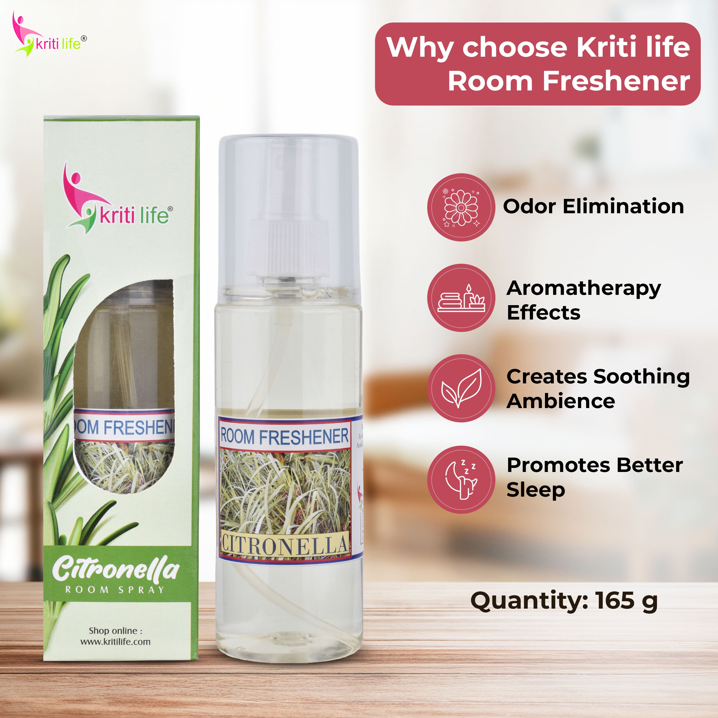 Kriti Life Room Spray - Citronella 165 ML Long-Lasting Fragrance for Home &amp; Office