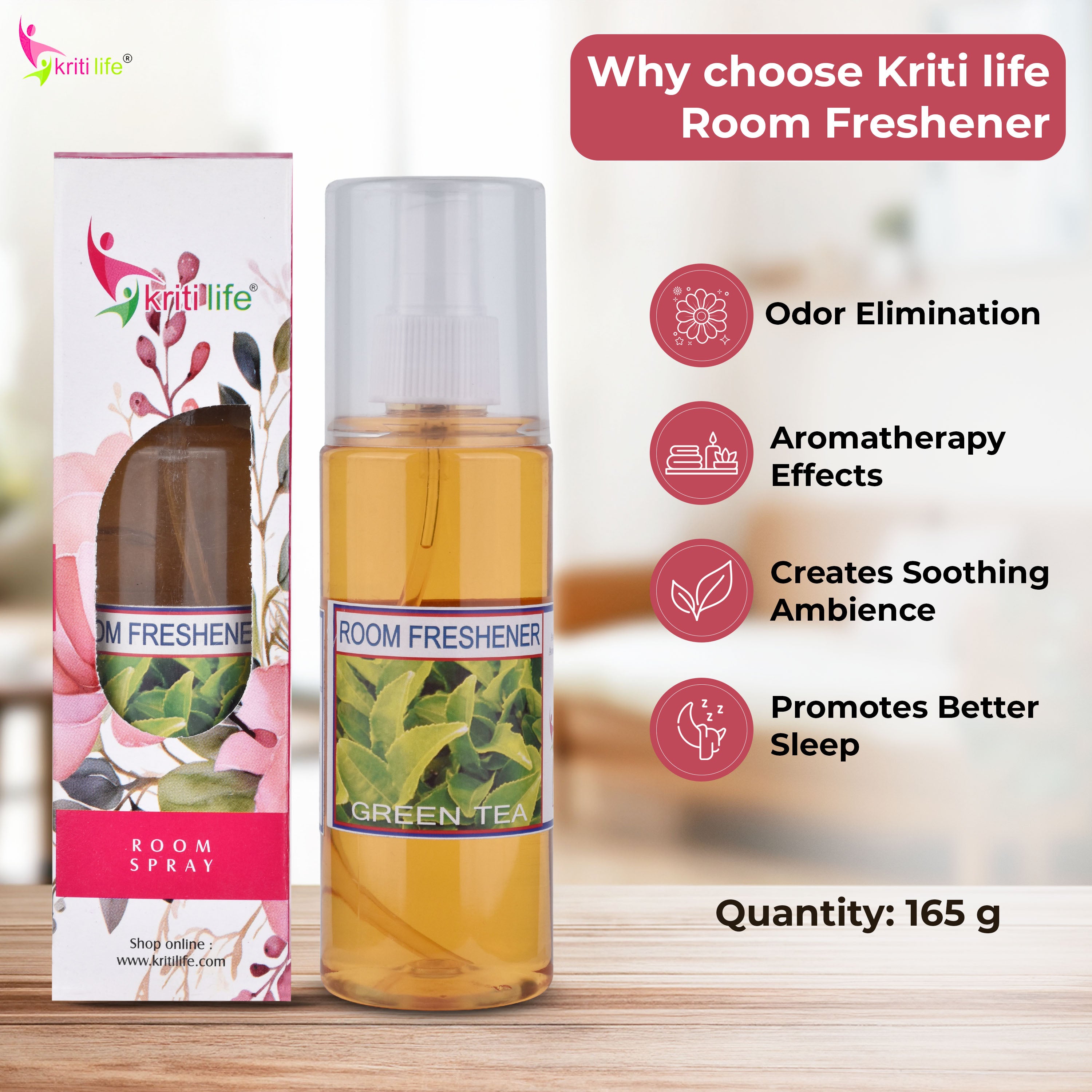 Kriti Life Room Spray - Green Tea 165 ML Long-Lasting Fragrance for Home &amp; Office.