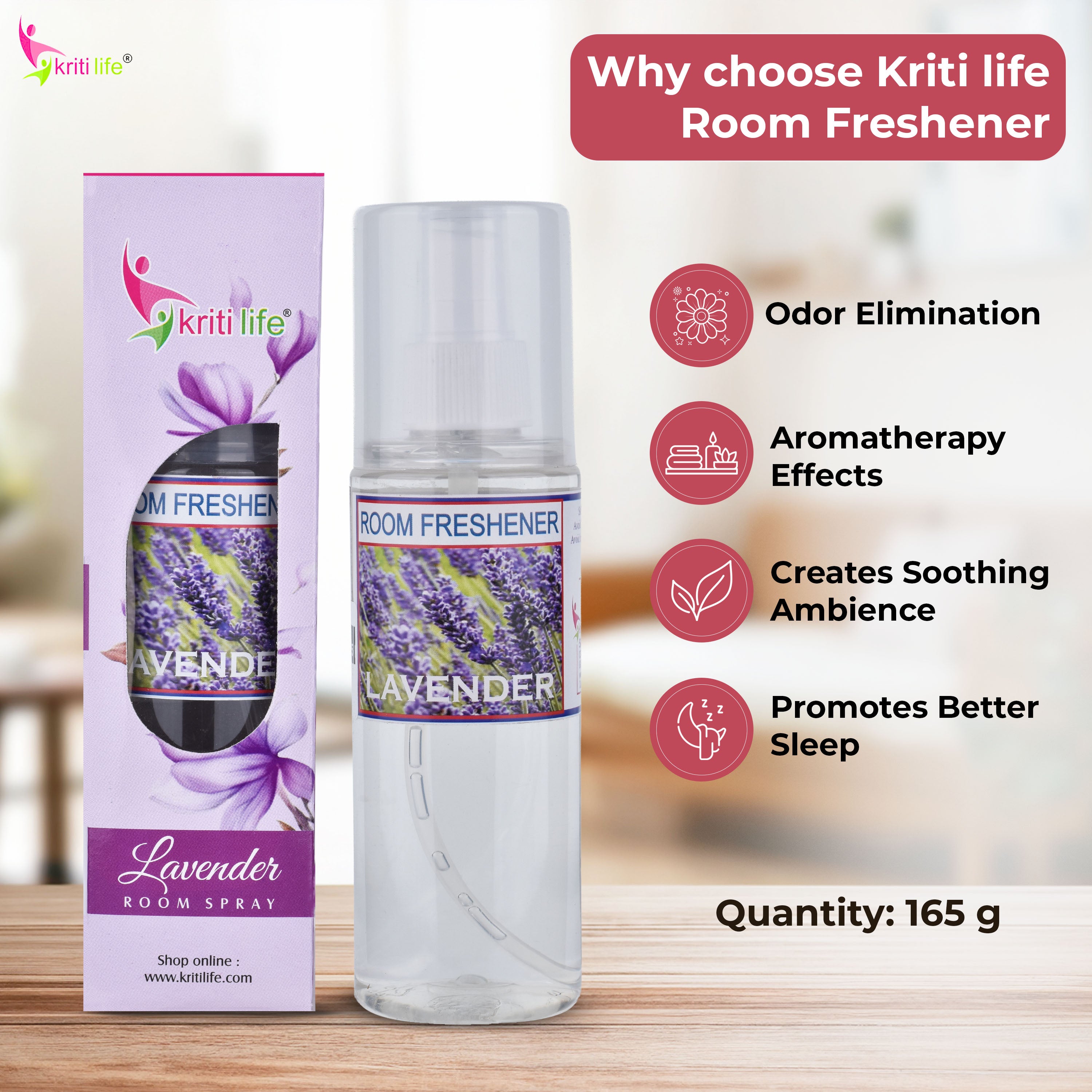 Kriti Life Room Spray - Lavender 165 ML Long-Lasting Fragrance for Home &amp; Office
