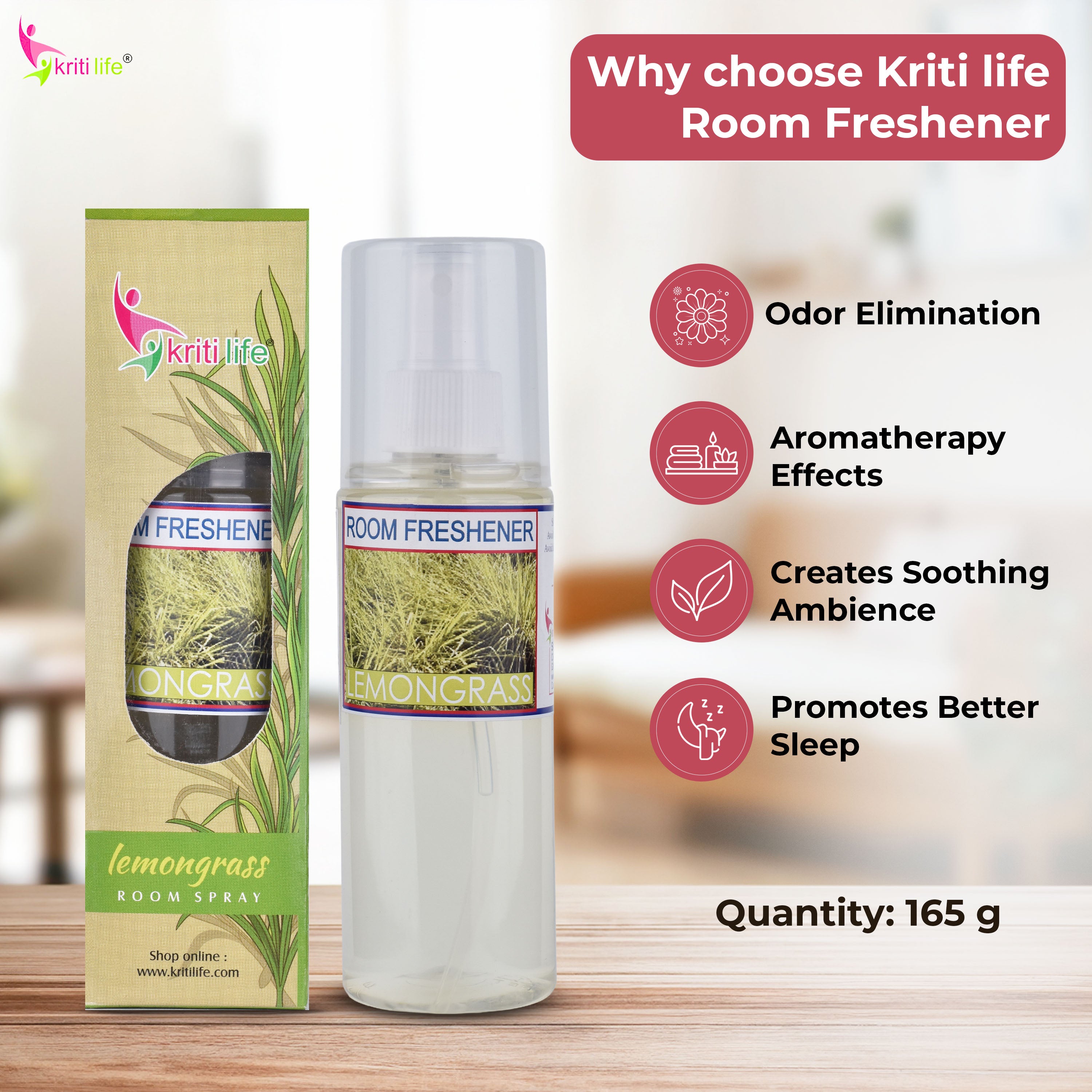 Kriti Life Room Spray - Lemon Grass 165 ML Long-Lasting Fragrance for Home &amp; Office
