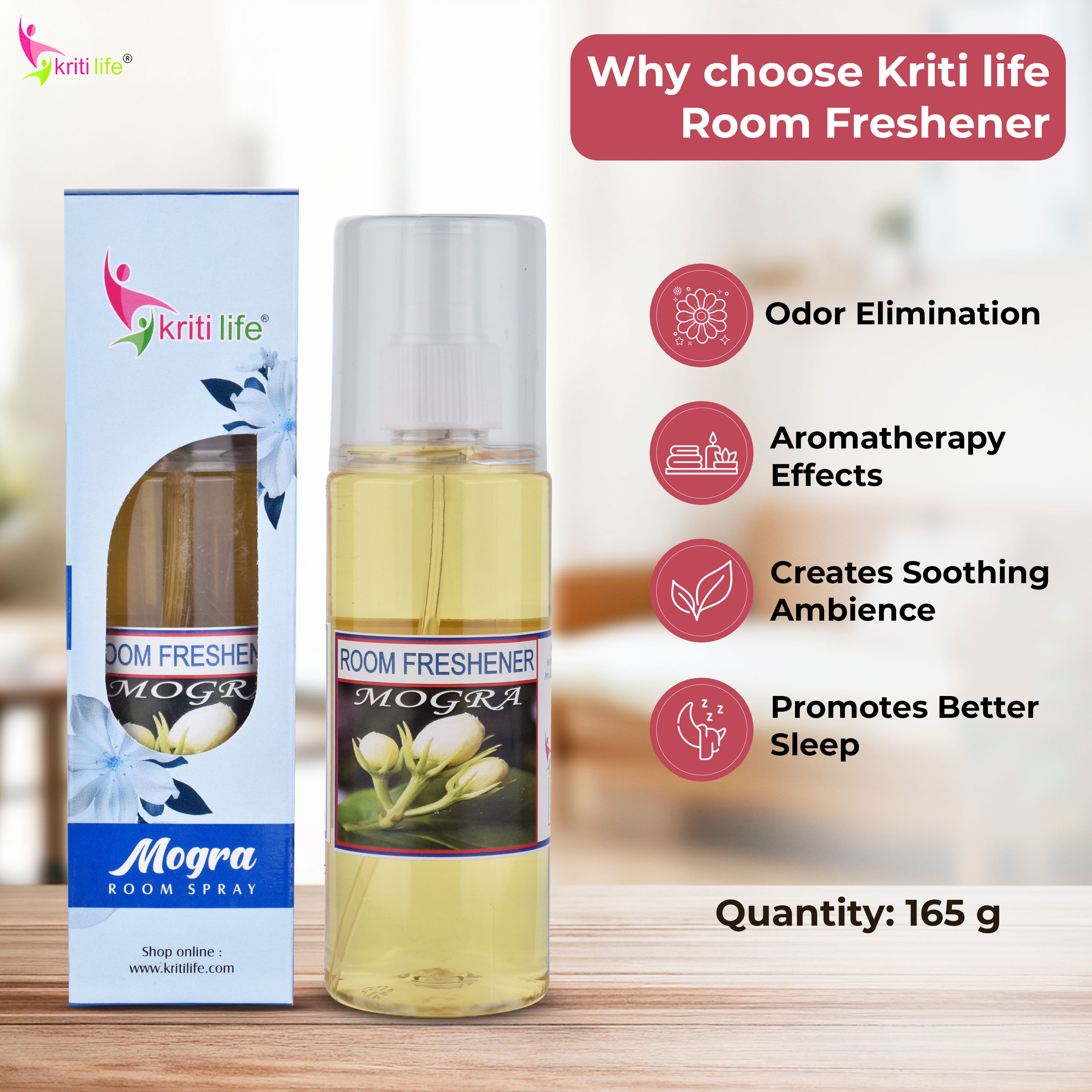 Kriti Life Room Spray - Mogra 165 ML Long-Lasting Fragrance for Home &amp; Office