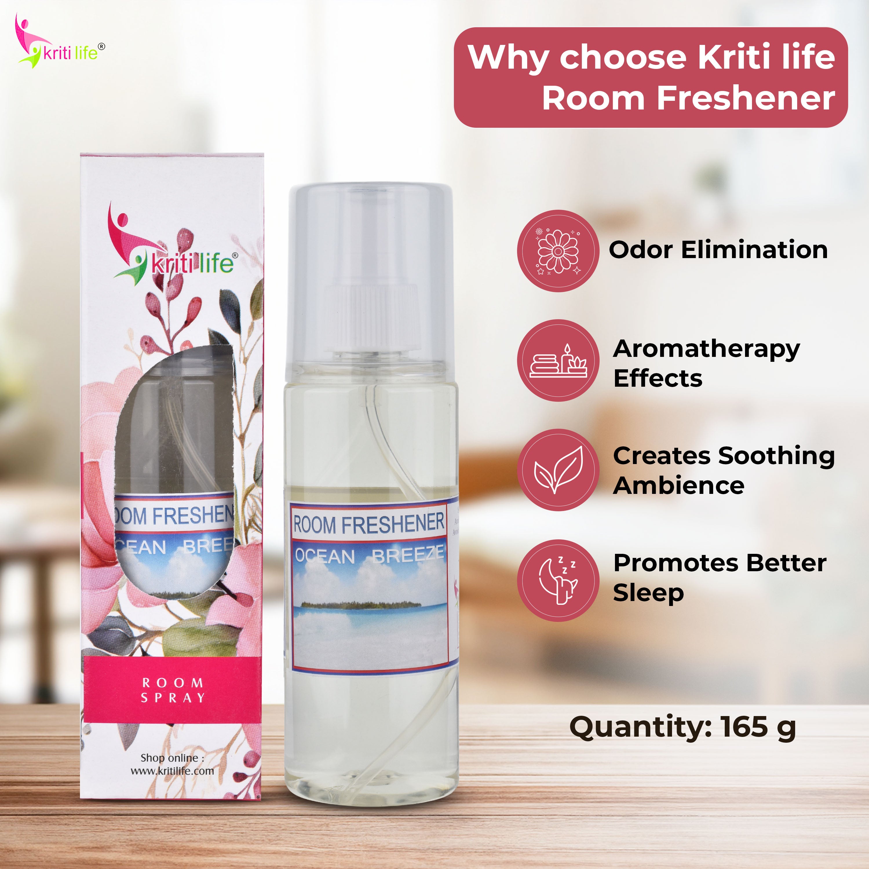 Kriti Life Room Spray - Ocean Breeze 165 ML Long-Lasting Fragrance for Home &amp; Office