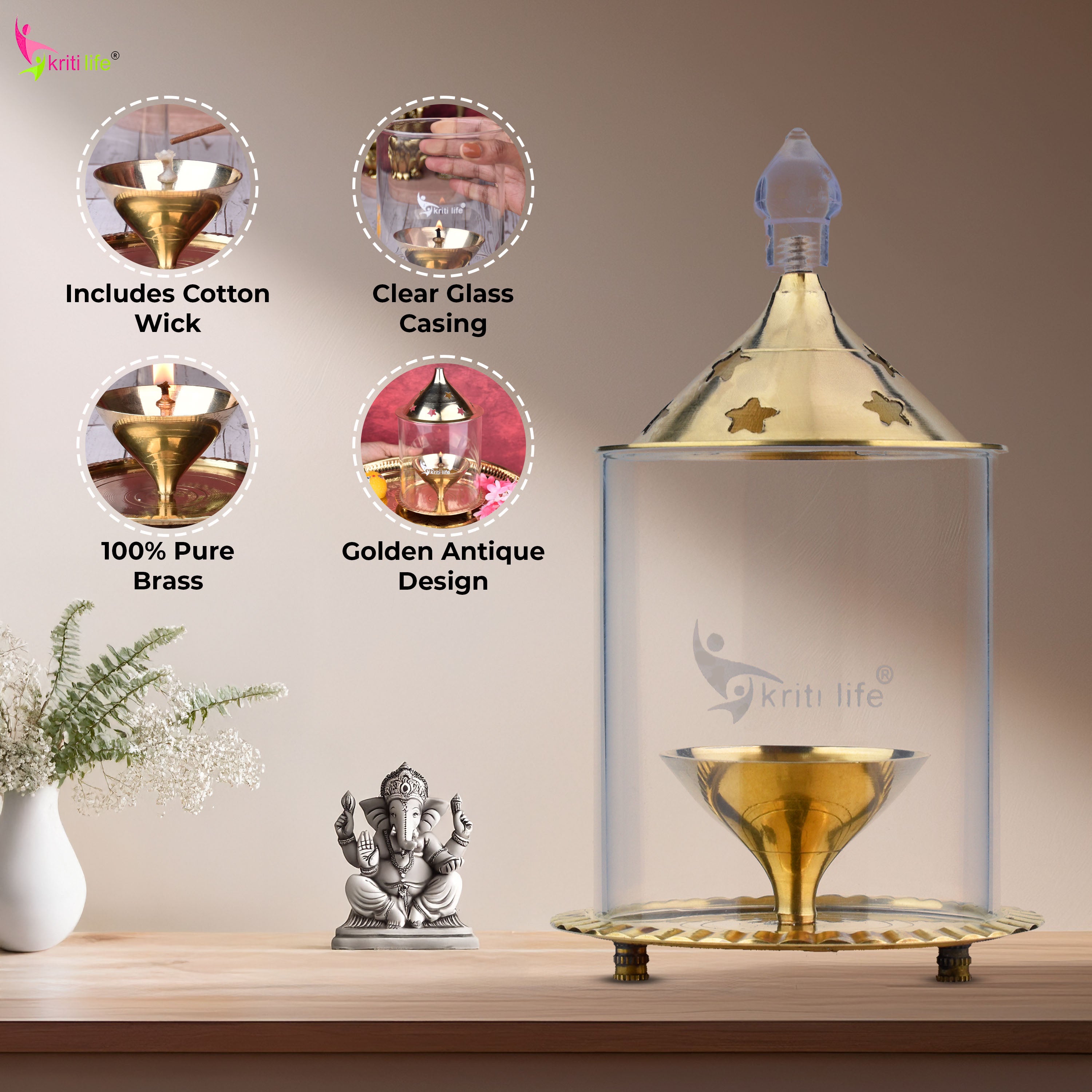 Kriti Life Akhand Jyot Diya –Big size – Brass Diya with Glass Cover for Safe and Continuous Flame | 8 inches