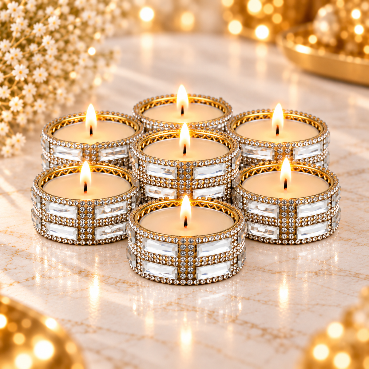 Silver Crystal Decorative Tealight Candles – Set of 10 Diya for Diwali Decor