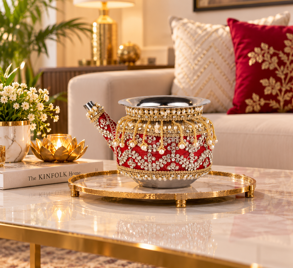 Red & Gold Decorative Karwa Chauth Kalash for Pooja