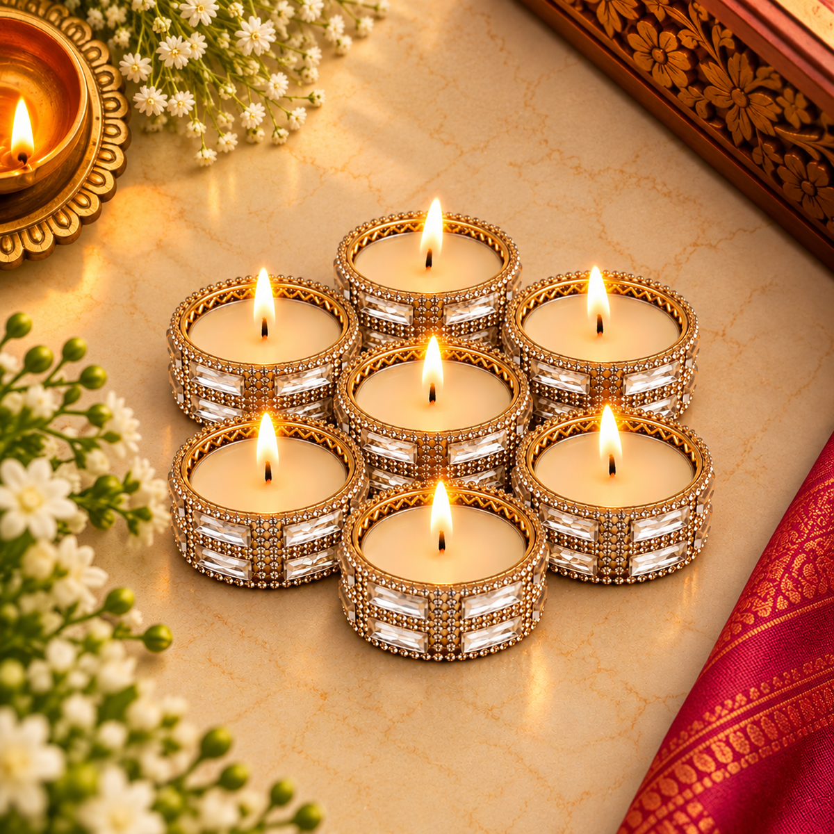 Silver Crystal Decorative Tealight Candles – Set of 10 Diya for Diwali Decor