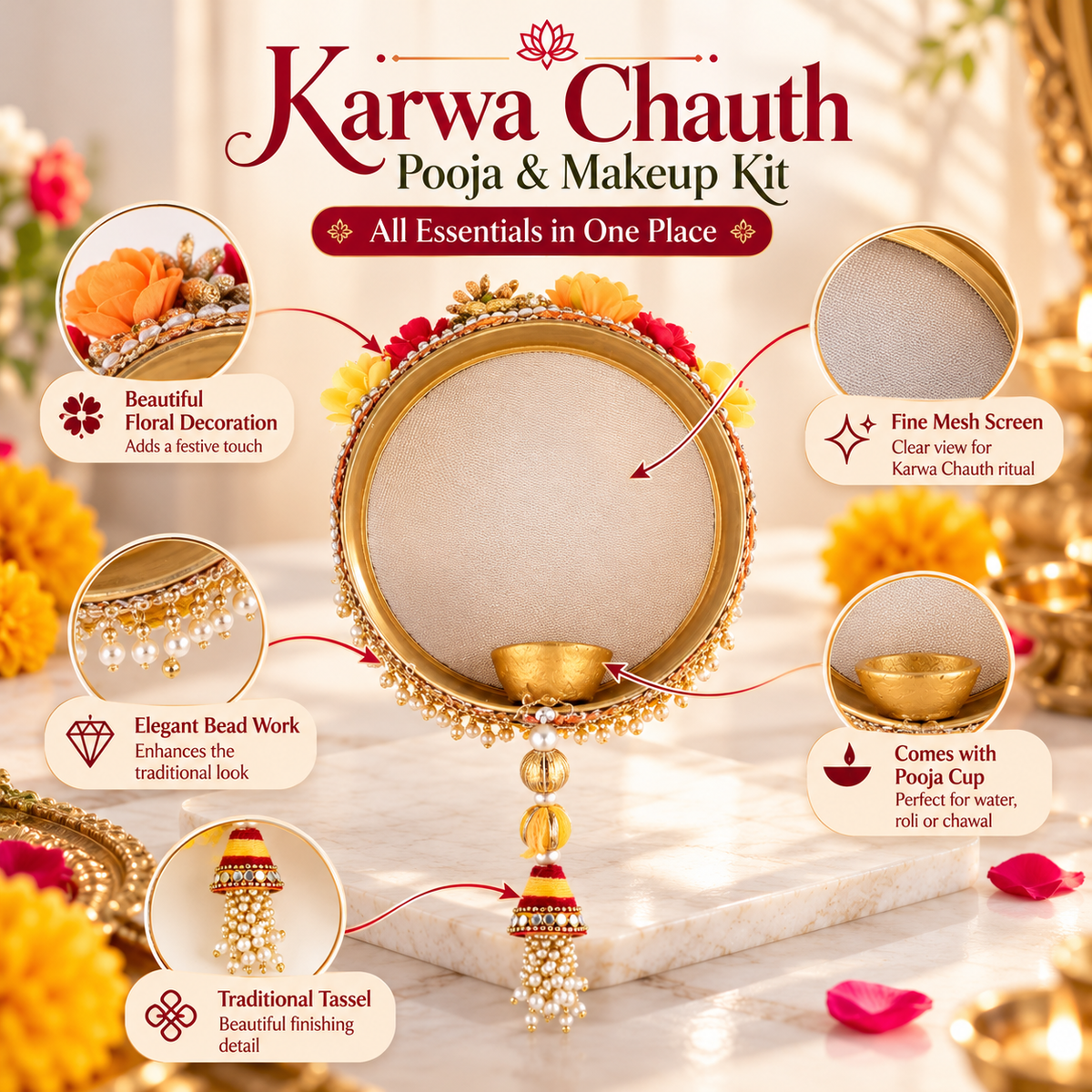 Karwa Chauth Puja Channi | Decorative Karwa Chauth Sieve with Pearl Tassels for Traditional Fasting Rituals