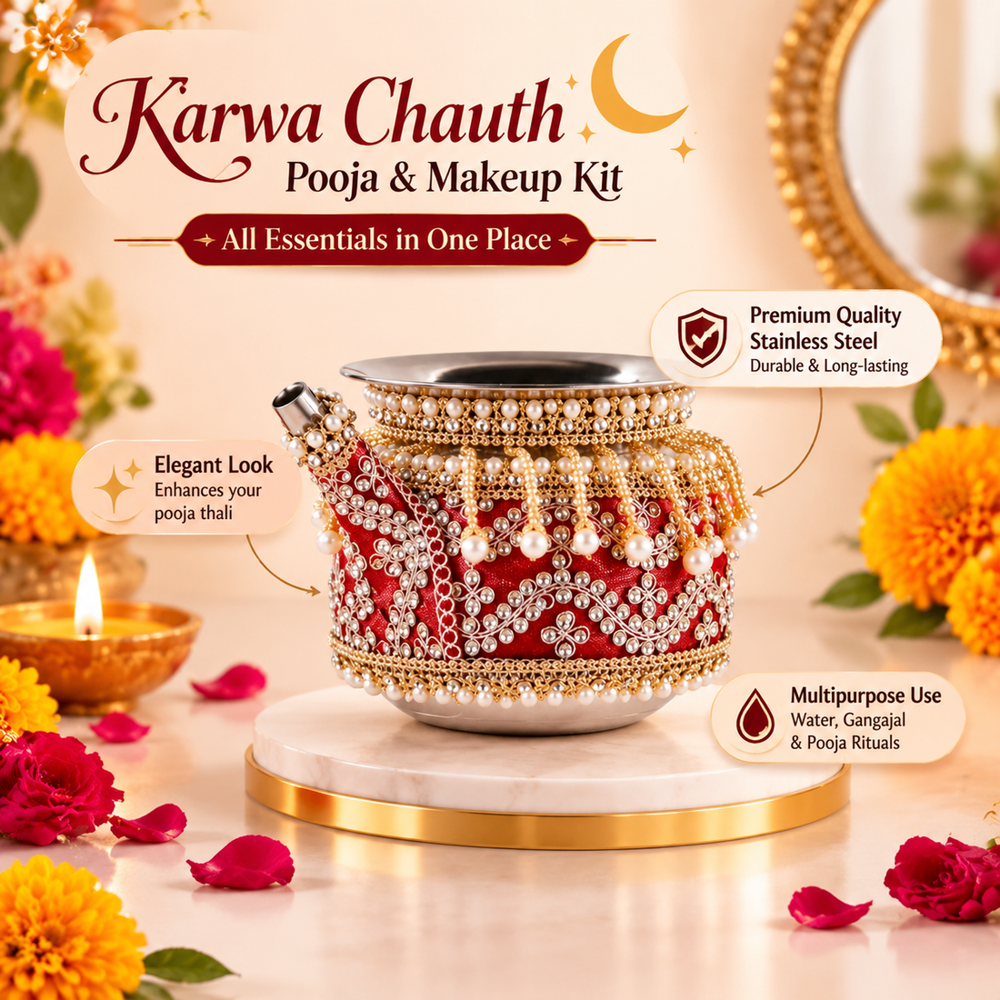Red & Gold Decorative Karwa Chauth Kalash for Pooja