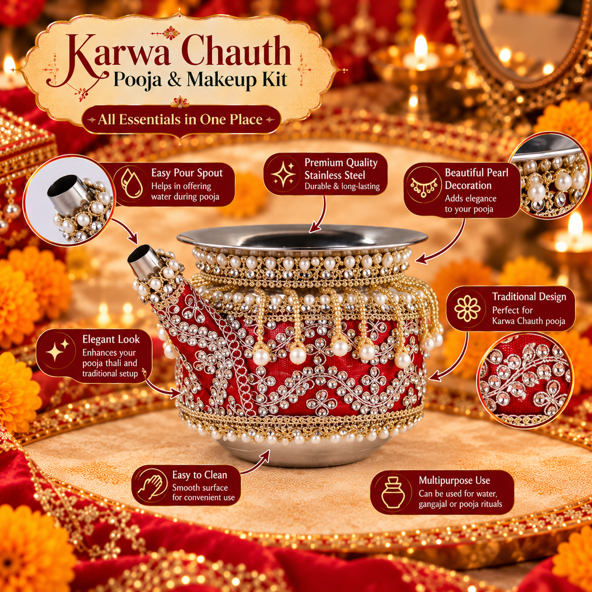 Red & Gold Decorative Karwa Chauth Kalash for Pooja