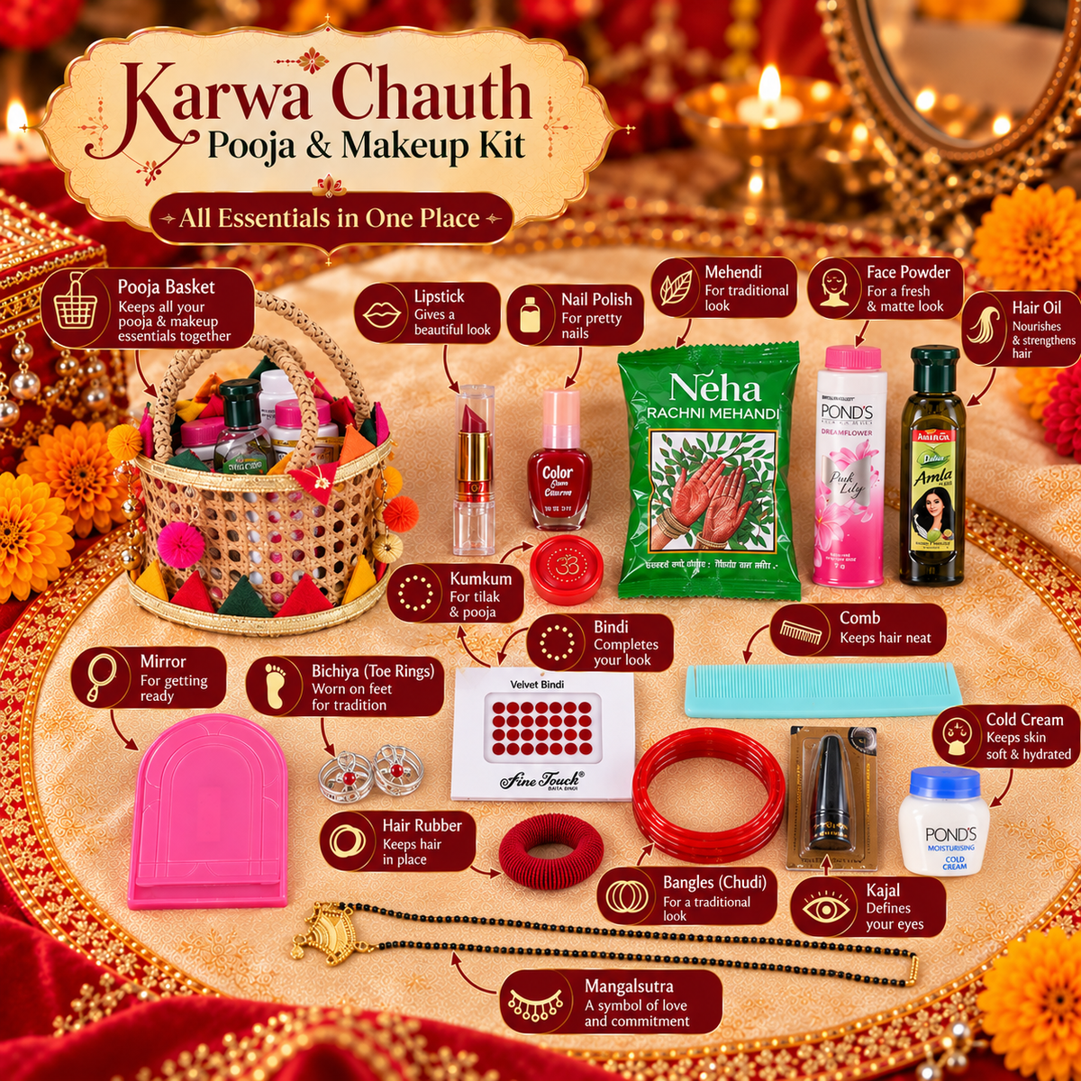Karwa Chauth Pooja & Makeup Essentials Kit with Decorative Basket