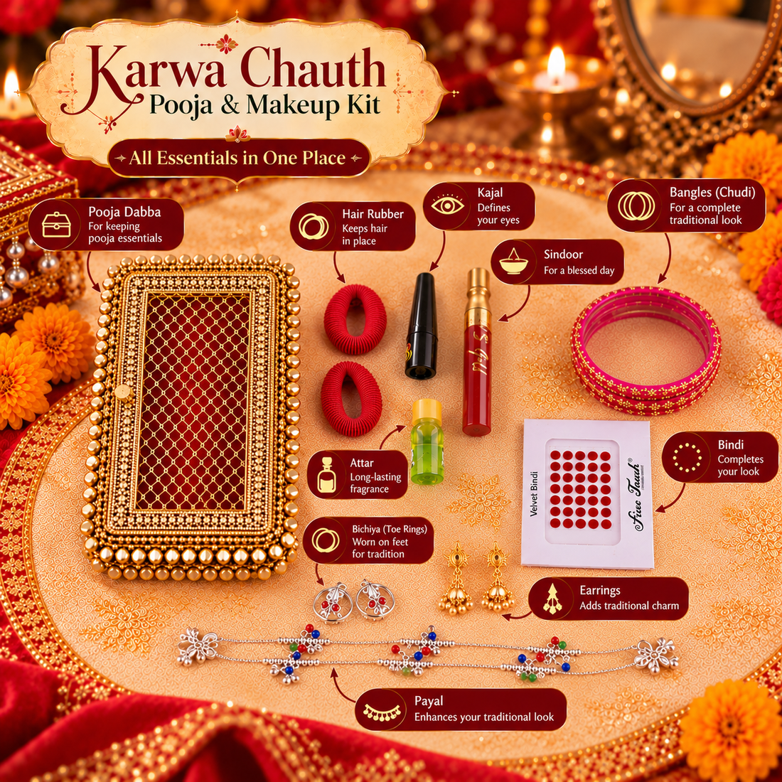 Premium Karwa Chauth Shringar & Pooja Gift Set with Decorative Box