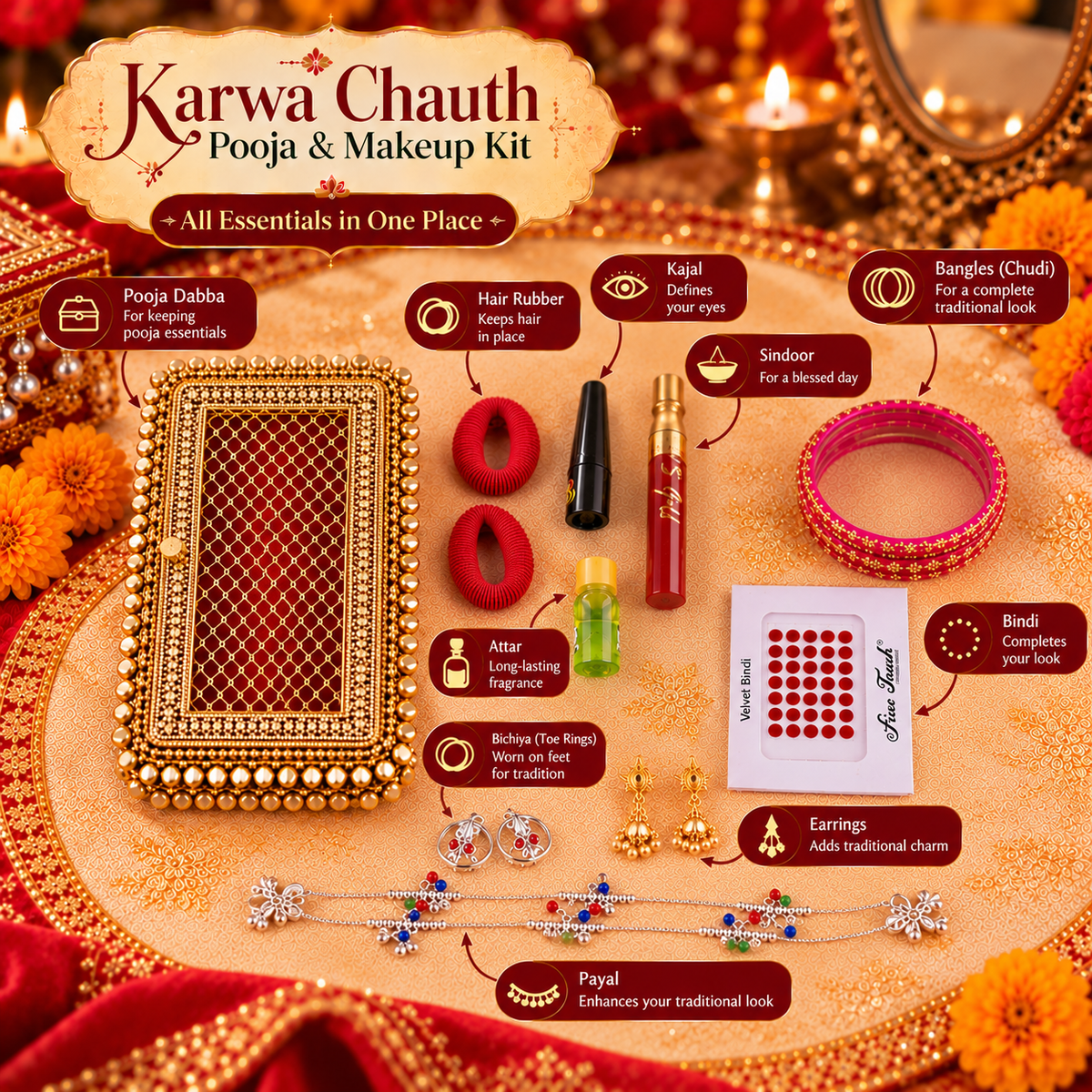 Premium Karwa Chauth Shringar & Pooja Gift Set with Decorative Box