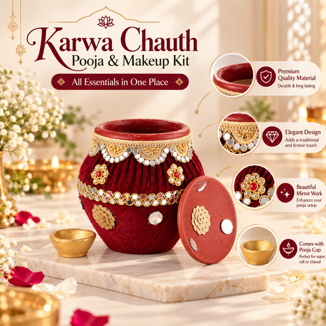 Maroon Velvet Decorative Karwa Chauth Pooja Set with Lid & Diya