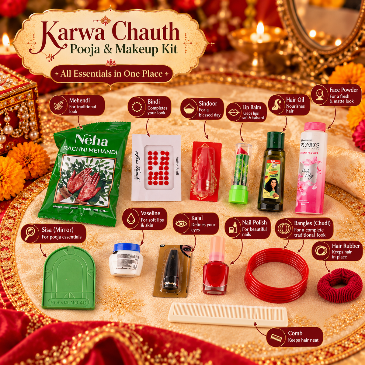 Karwa Chauth Pooja & Makeup Kit with Decorative Box | Traditional Festival Essentials Gift Set