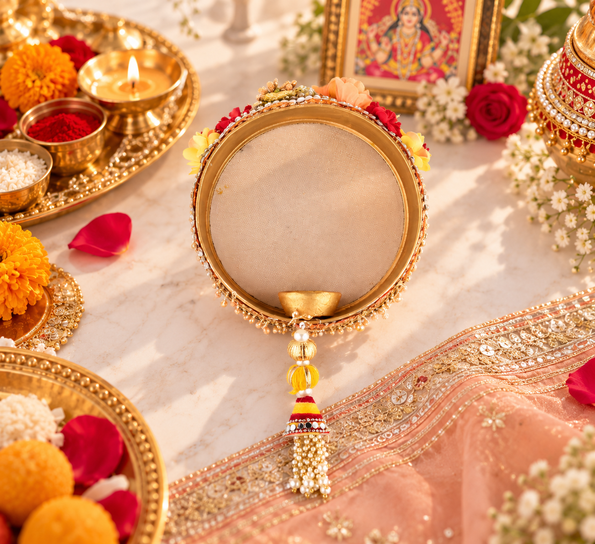 Karwa Chauth Puja Channi | Decorative Karwa Chauth Sieve with Pearl Tassels for Traditional Fasting Rituals