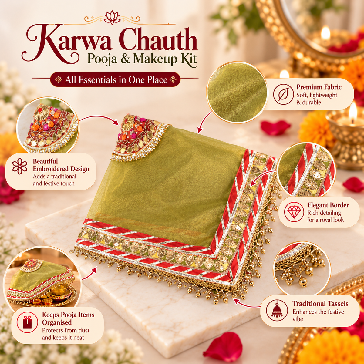 Green & Red Embroidered Pooja Thali Cover with Golden Lace