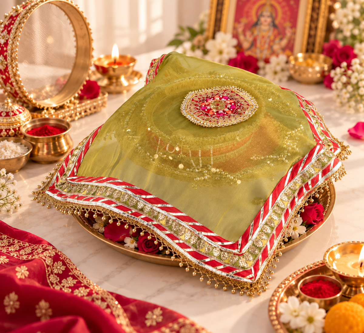 Green & Red Embroidered Pooja Thali Cover with Golden Lace