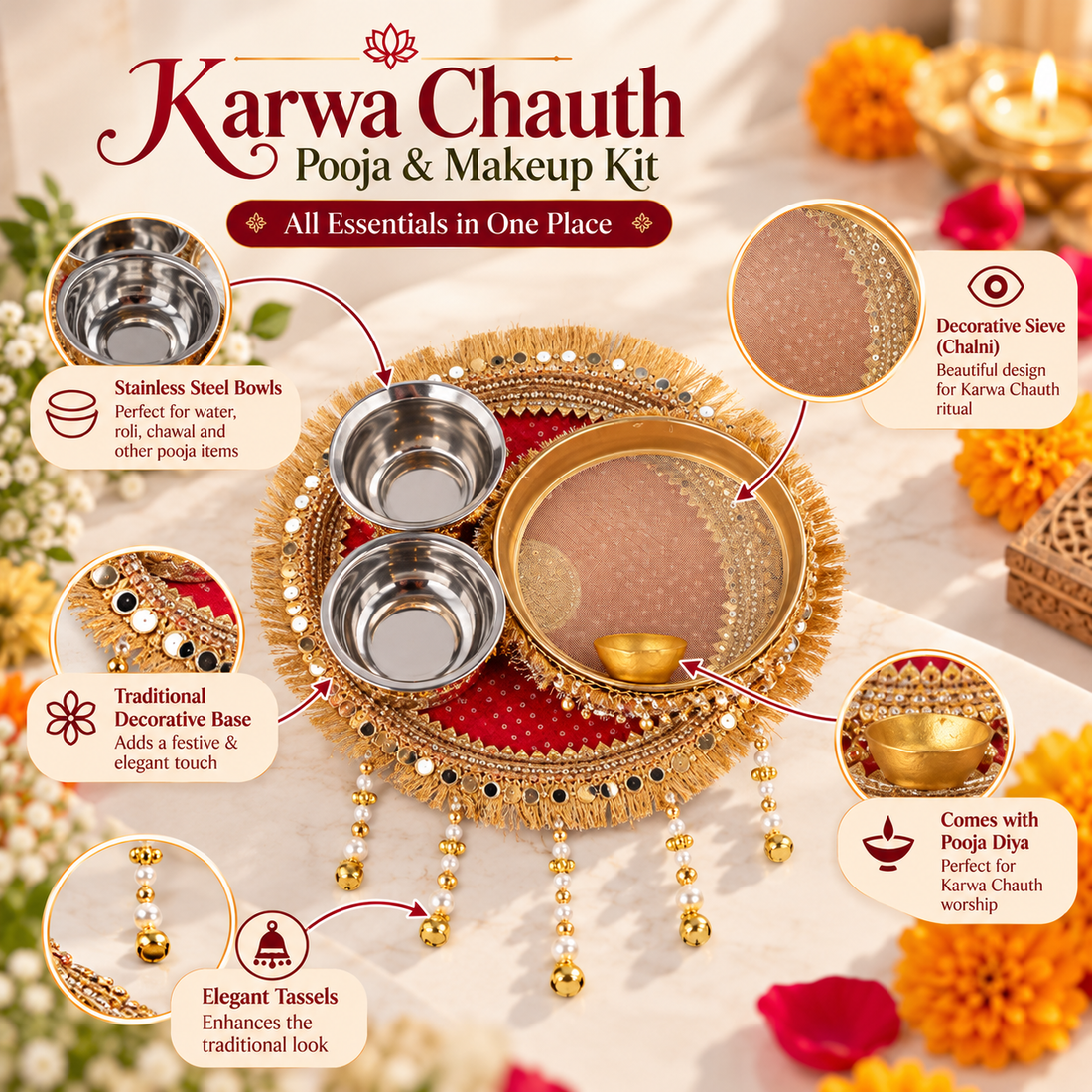 Red & Gold Karwa Chauth Pooja Thali Set with Karwa, Bowls & Decorative Sieve