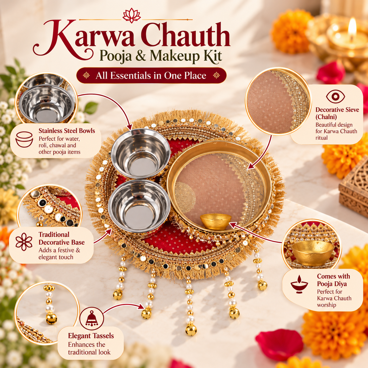 Red & Gold Karwa Chauth Pooja Thali Set with Karwa, Bowls & Decorative Sieve