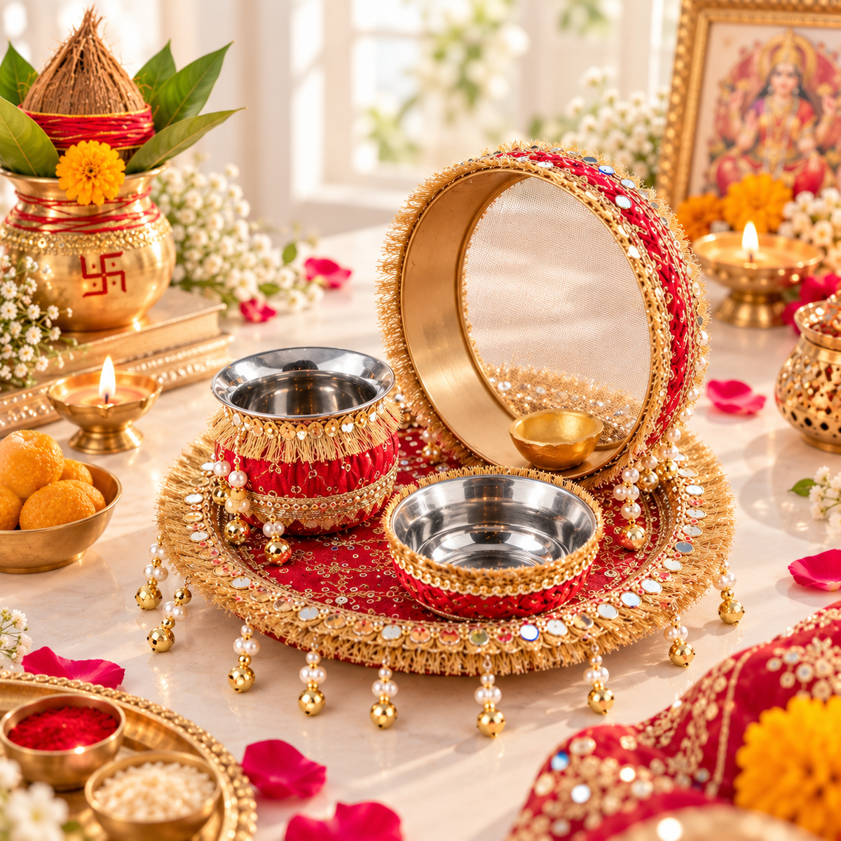 Red & Gold Karwa Chauth Pooja Thali Set with Karwa, Bowls & Decorative Sieve