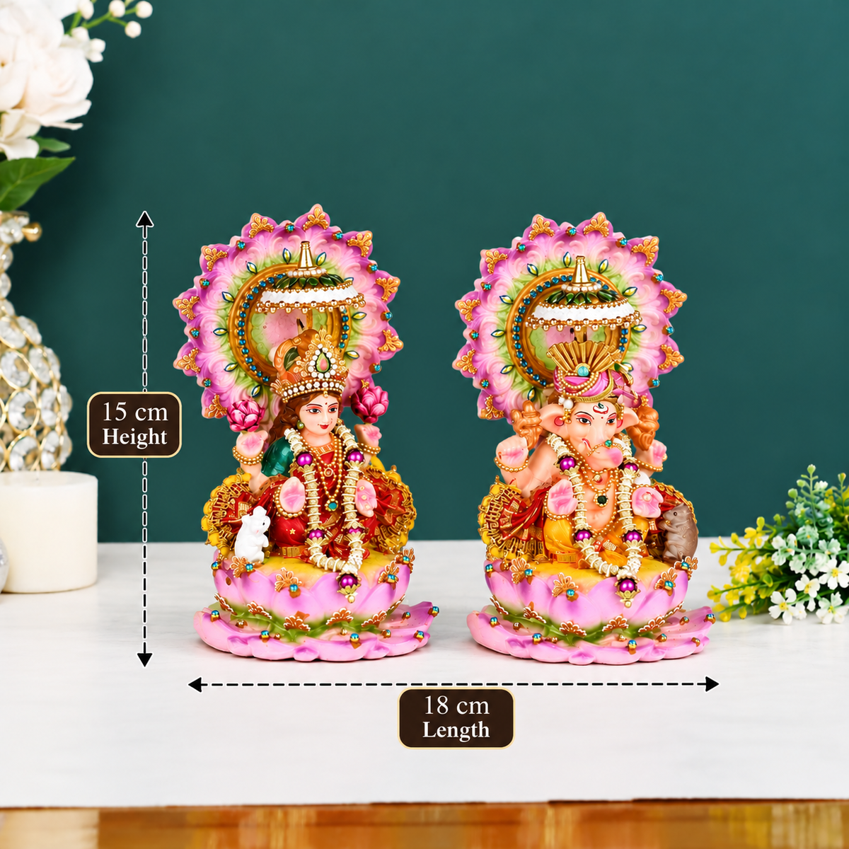 Pink Lotus Lakshmi Ganesh Idol Set for Diwali Pooja & Home Decor | 15 cm