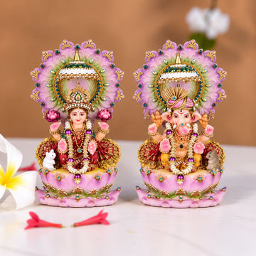 Pink Lotus Lakshmi Ganesh Idol Set for Diwali Pooja & Home Decor | 15 cm