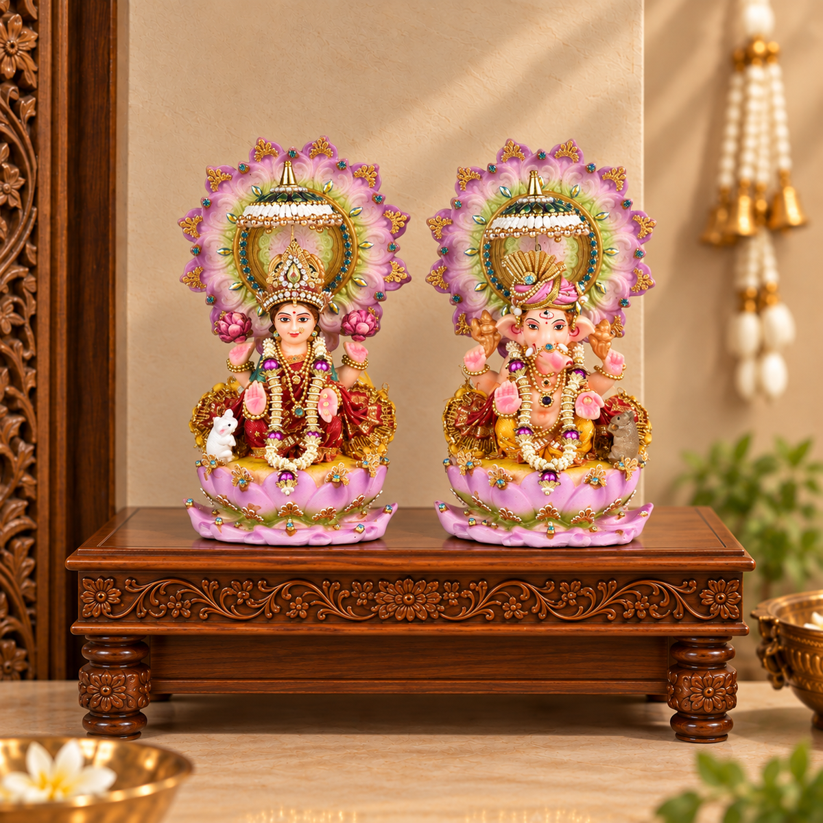 Pink Lotus Lakshmi Ganesh Idol Set for Diwali Pooja & Home Decor | 15 cm
