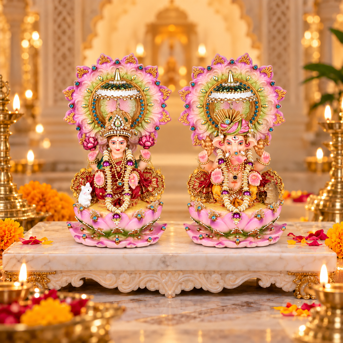 Pink Lotus Lakshmi Ganesh Idol Set for Diwali Pooja & Home Decor | 15 cm