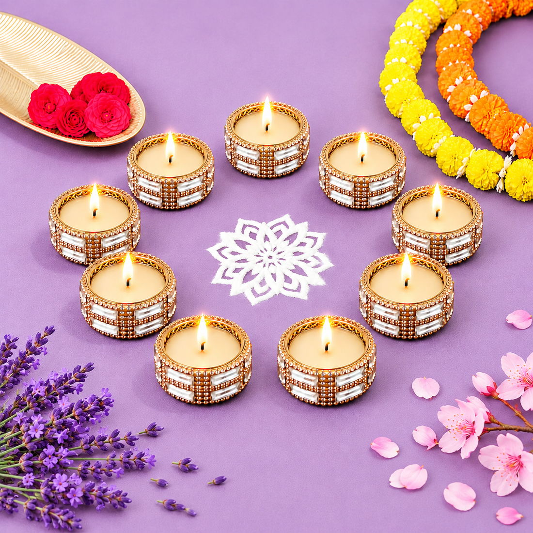 Silver Crystal Decorative Tealight Candles – Set of 10 Diya for Diwali Decor