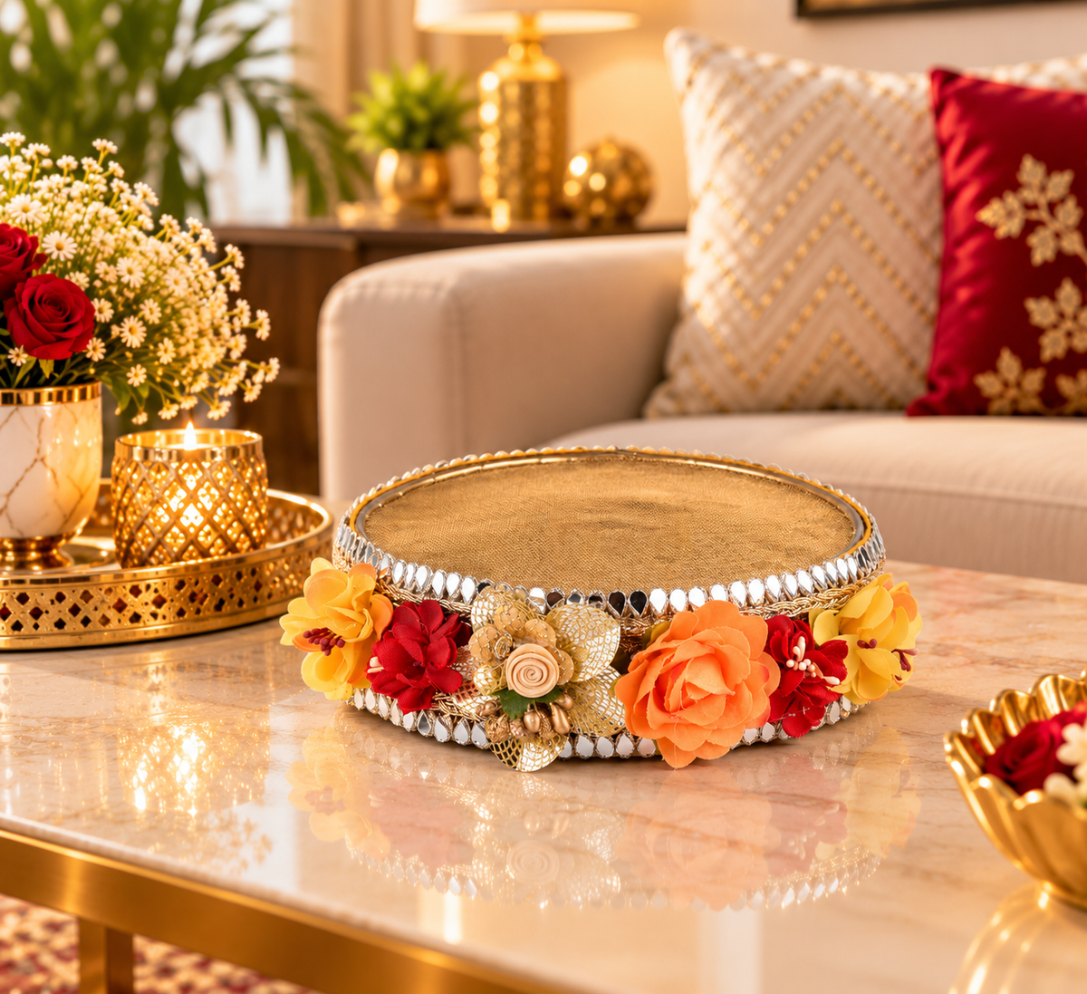 Karwa Chauth Puja Channi | Decorative Karwa Chauth Sieve with Pearl Tassels for Traditional Fasting Rituals