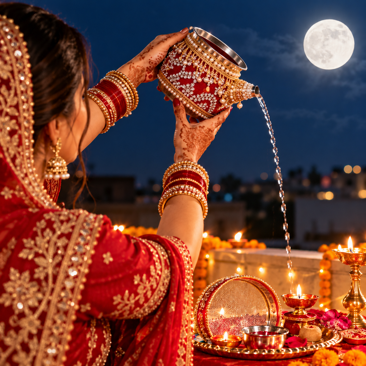 Red & Gold Decorative Karwa Chauth Kalash for Pooja