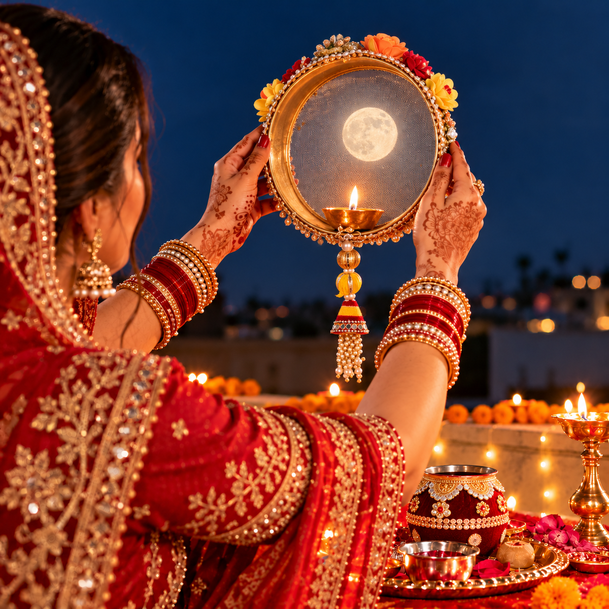 Karwa Chauth Puja Channi | Decorative Karwa Chauth Sieve with Pearl Tassels for Traditional Fasting Rituals