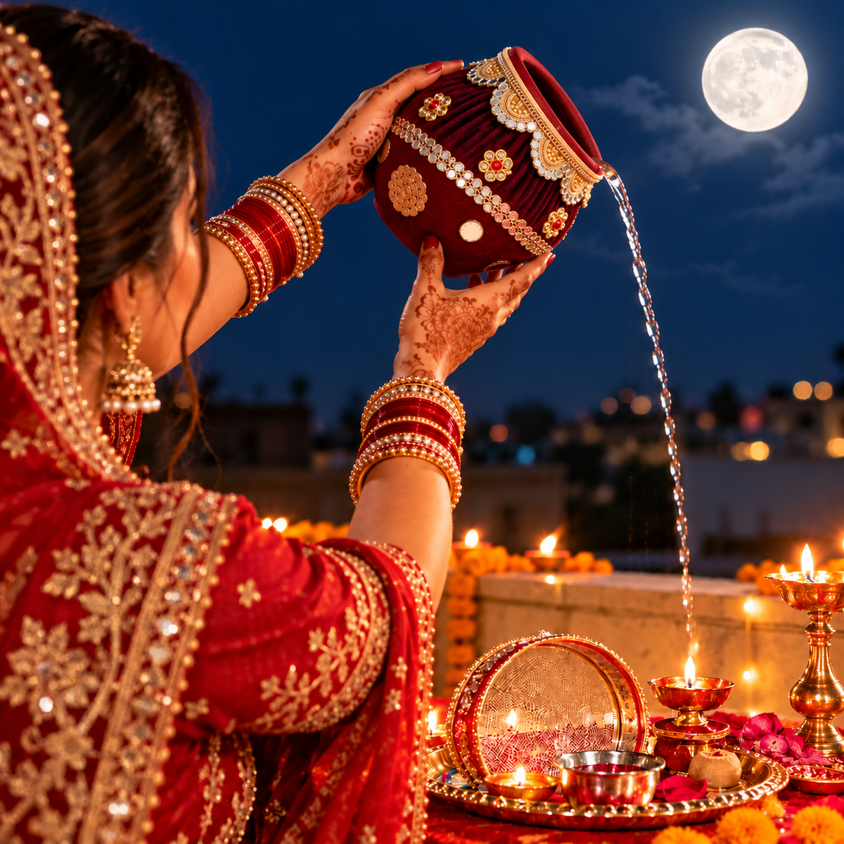 Maroon Velvet Decorative Karwa Chauth Pooja Set with Lid & Diya